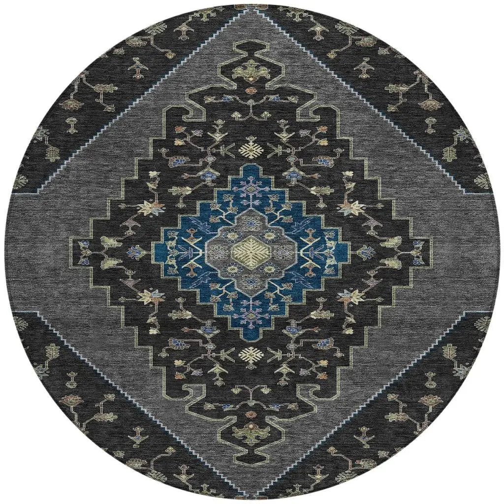 8' Black And Navy Blue Round Geometric Washable Indoor Outdoor Area Rug Homeroots Outdoor