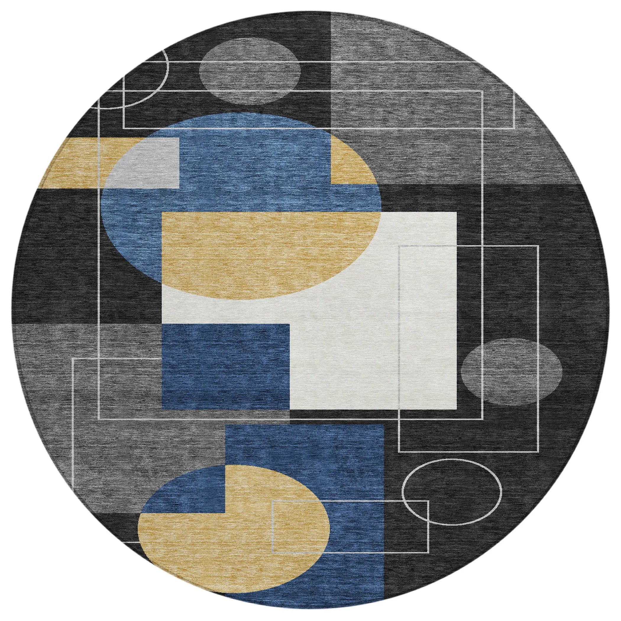8' Black And Navy Blue Round Geometric Washable Indoor Outdoor Area Rug Homeroots Outdoor