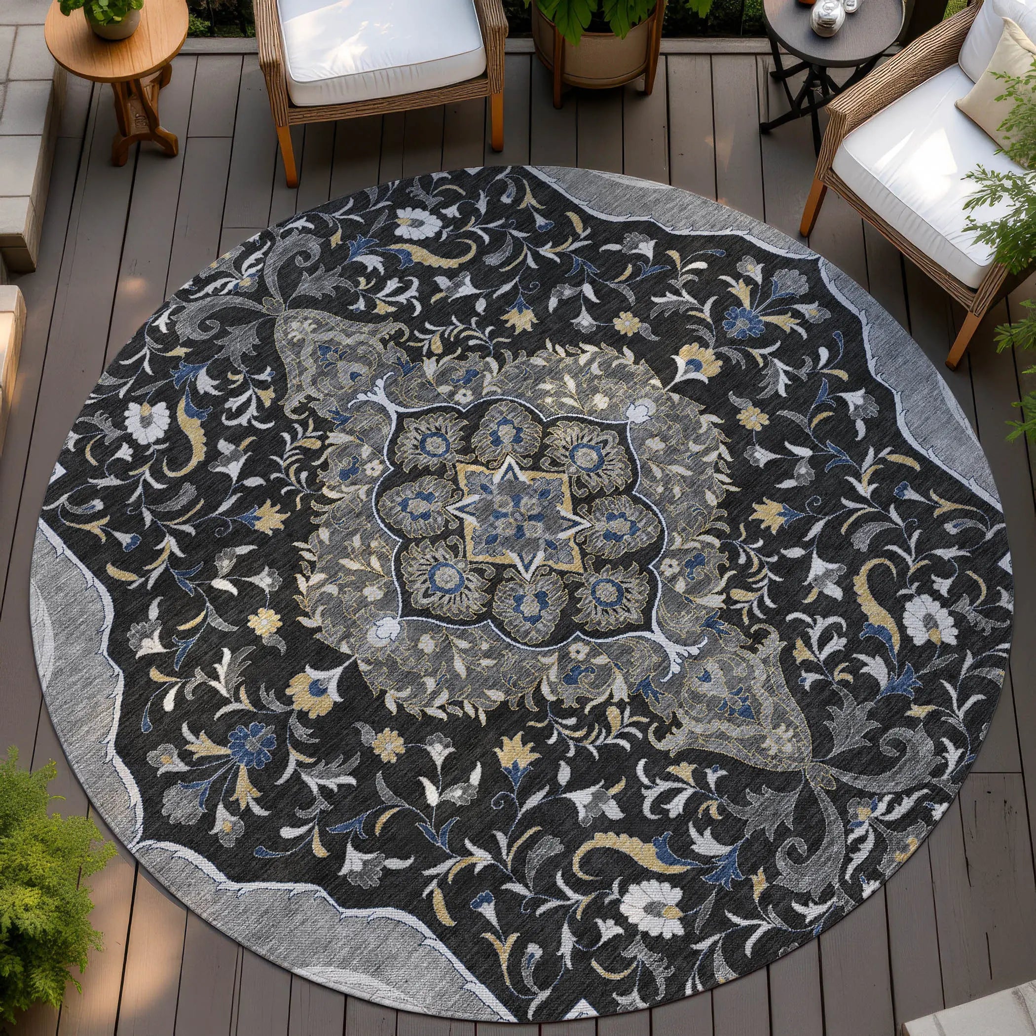8' Black And Orange Round Medallion Washable Indoor Outdoor Area Rug Homeroots Outdoor