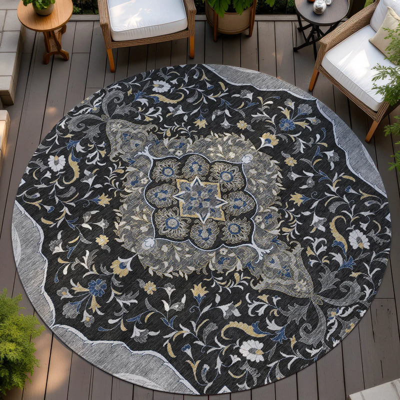 8' Black And Orange Round Medallion Washable Indoor Outdoor Area Rug Homeroots Outdoor