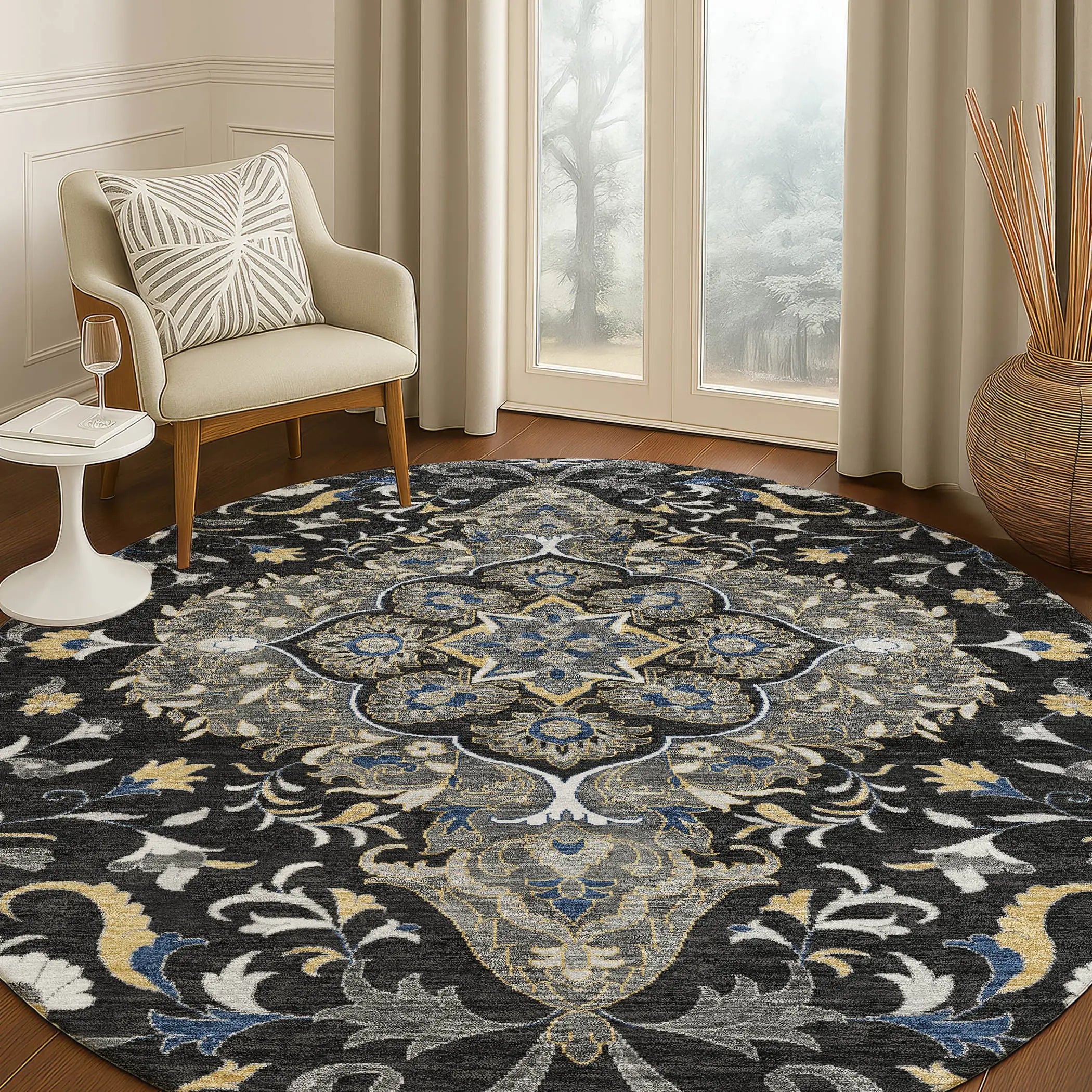 8' Black And Orange Round Medallion Washable Indoor Outdoor Area Rug Homeroots Outdoor