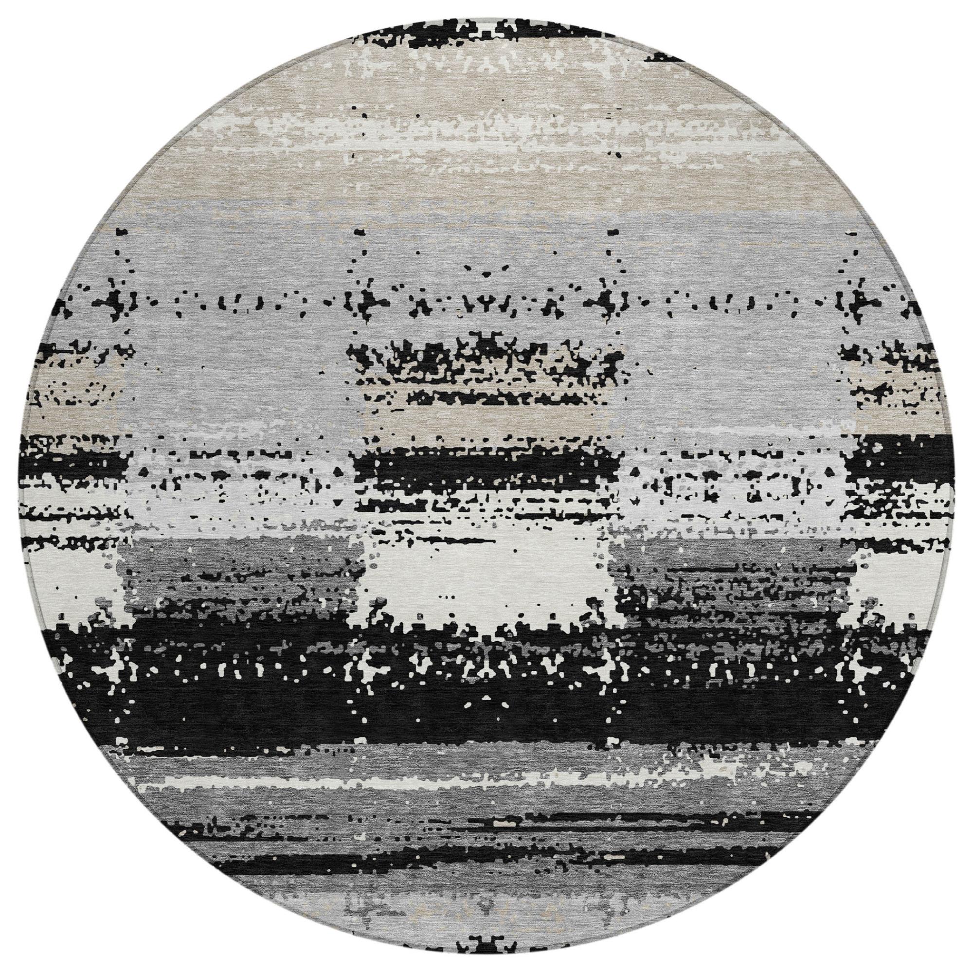 8' Black And Pewter Round Geometric Washable Indoor Outdoor Area Rug Homeroots Outdoor