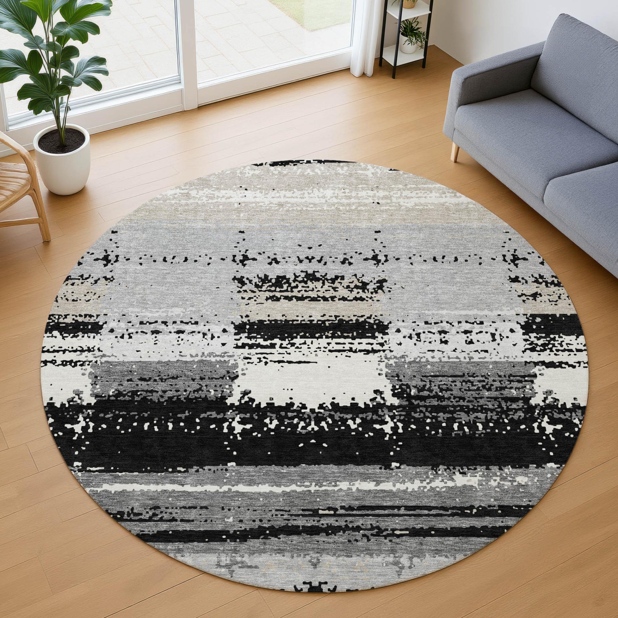 8' Black And Pewter Round Geometric Washable Indoor Outdoor Area Rug Homeroots Outdoor