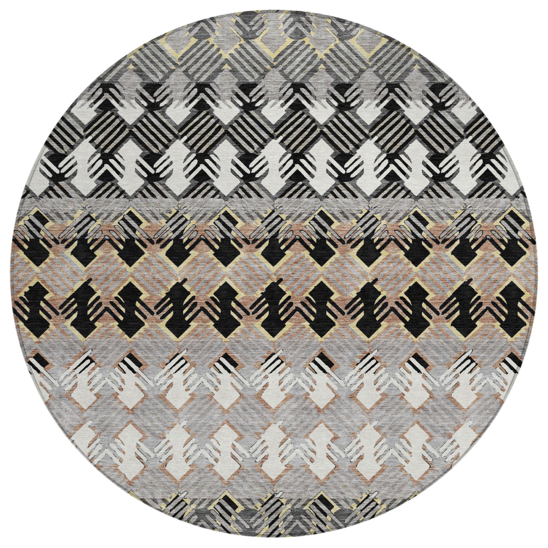 8' Black And Pewter Round Striped Washable Indoor Outdoor Area Rug Homeroots Outdoor