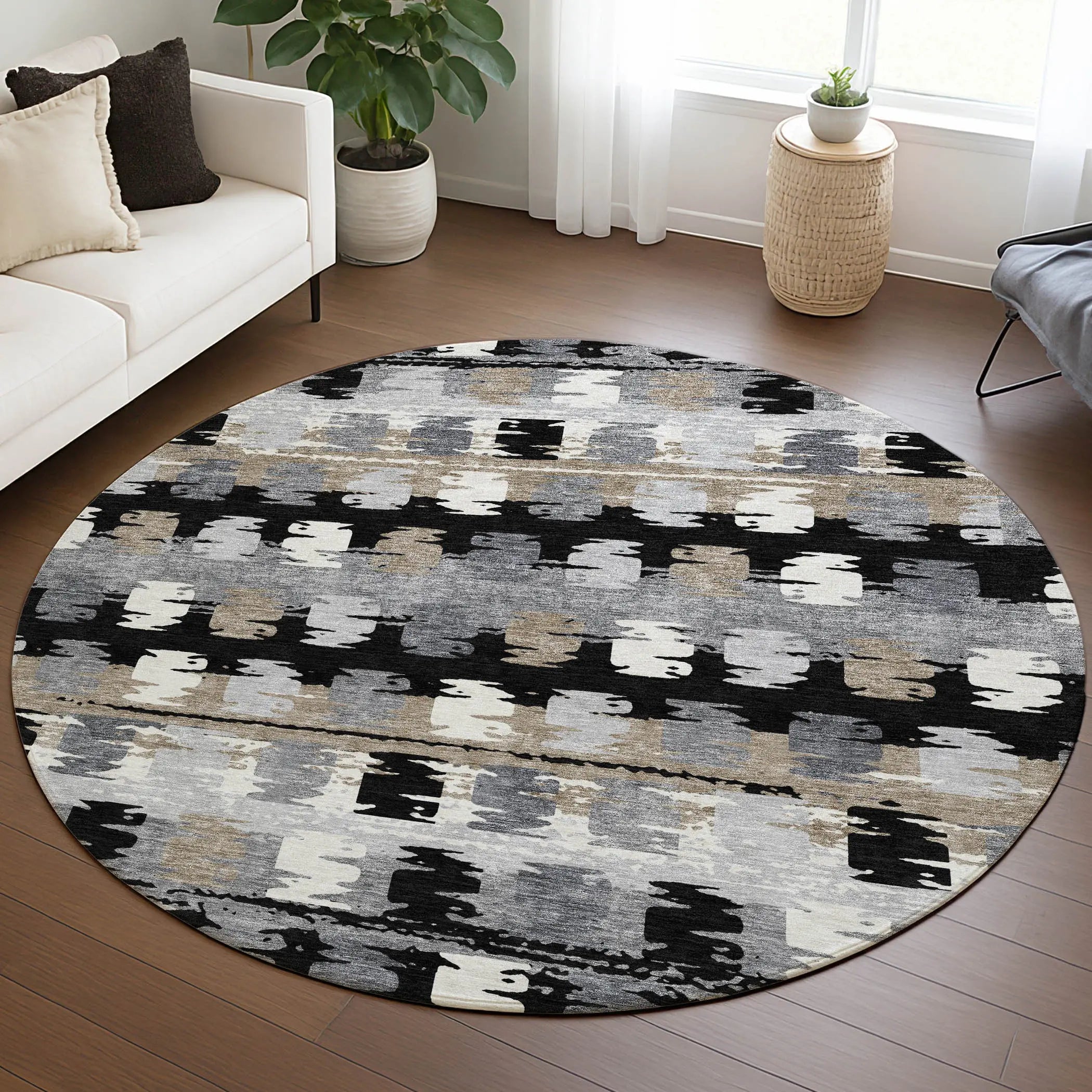 8' Black And Purple Round Abstract Washable Indoor Outdoor Area Rug Homeroots Outdoor