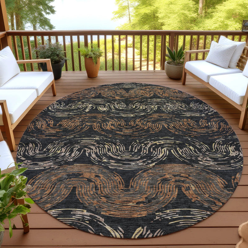 8' Black And Rust Round Abstract Washable Indoor Outdoor Area Rug Homeroots Outdoor