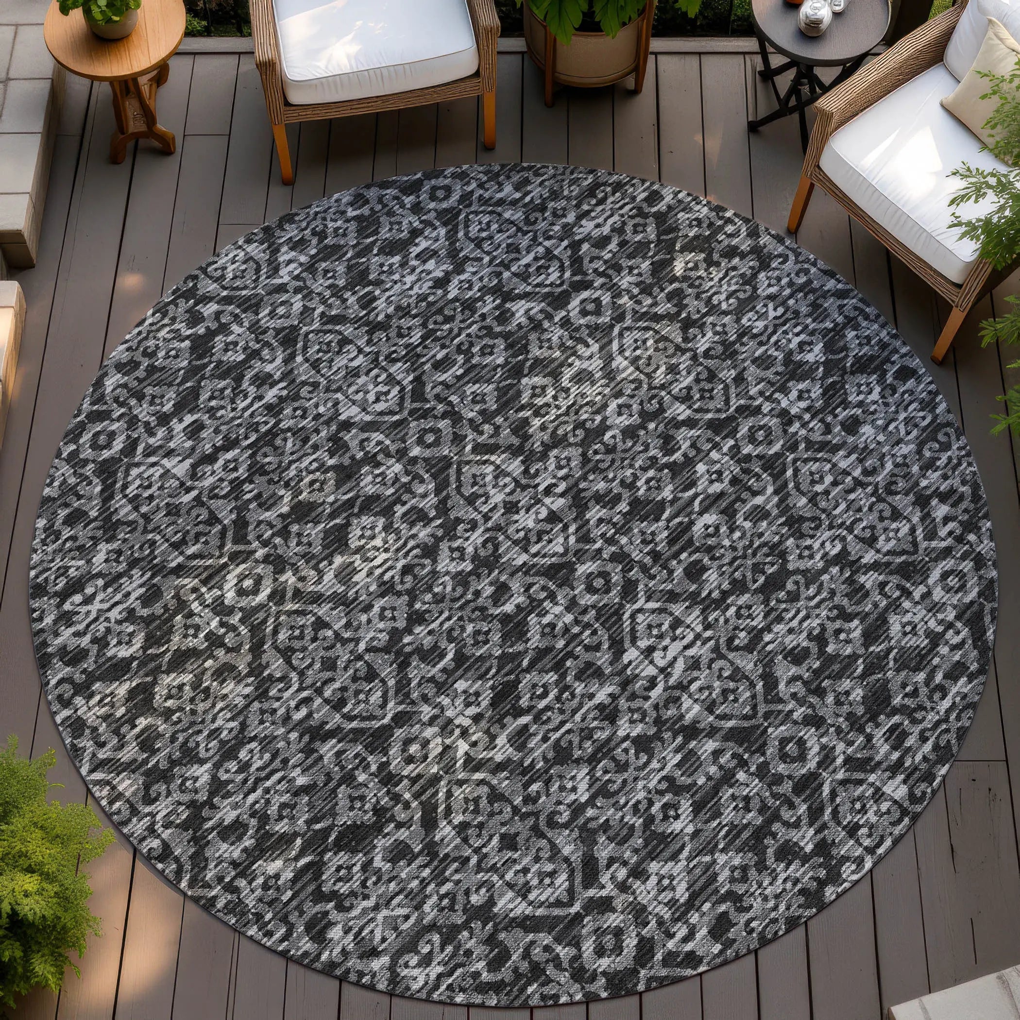 8' Black And Saffron Round Oriental Washable Indoor Outdoor Area Rug Homeroots Outdoor