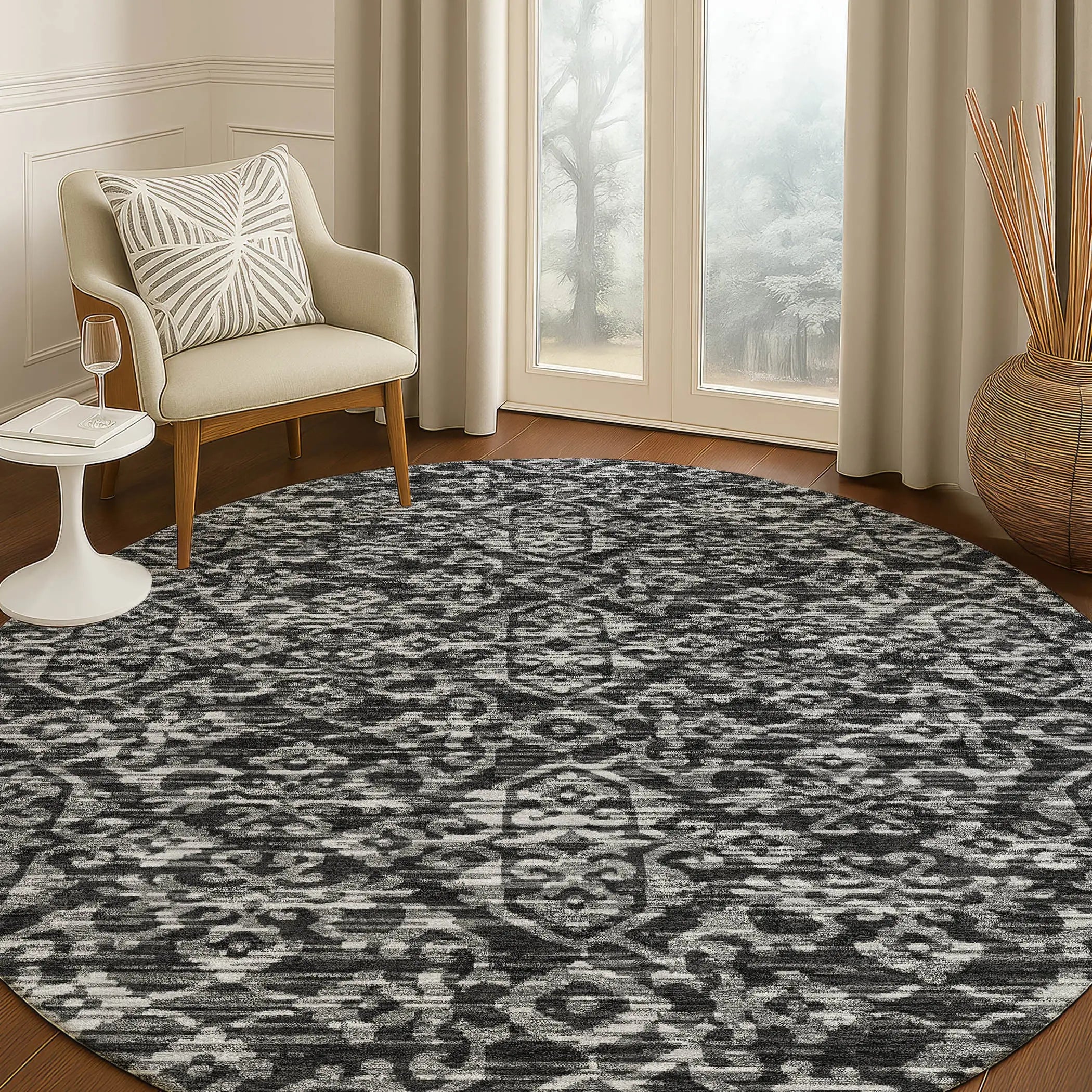 8' Black And Saffron Round Oriental Washable Indoor Outdoor Area Rug Homeroots Outdoor