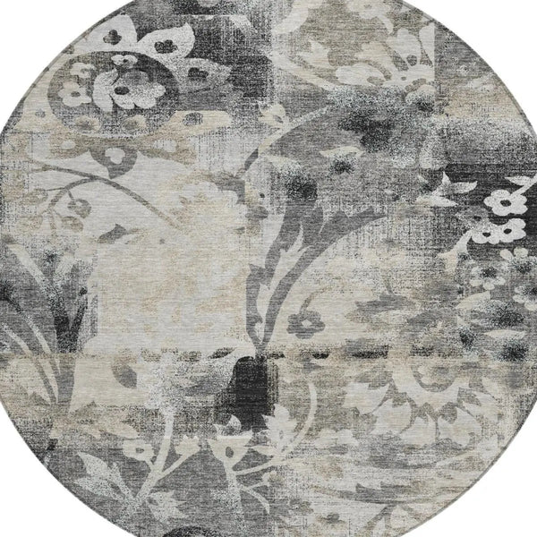 8' Black And Silver Round Botanical Leaves Washable Indoor Outdoor Area Rug Homeroots Outdoor
