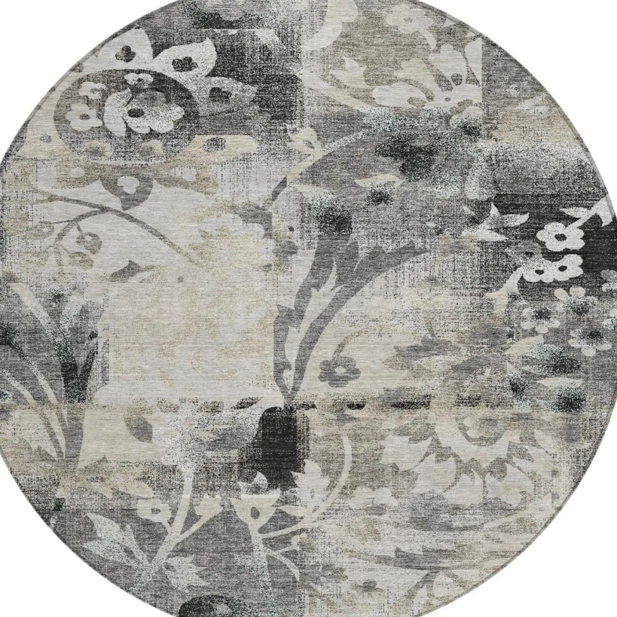 8' Black And Silver Round Botanical Leaves Washable Indoor Outdoor Area Rug Homeroots Outdoor