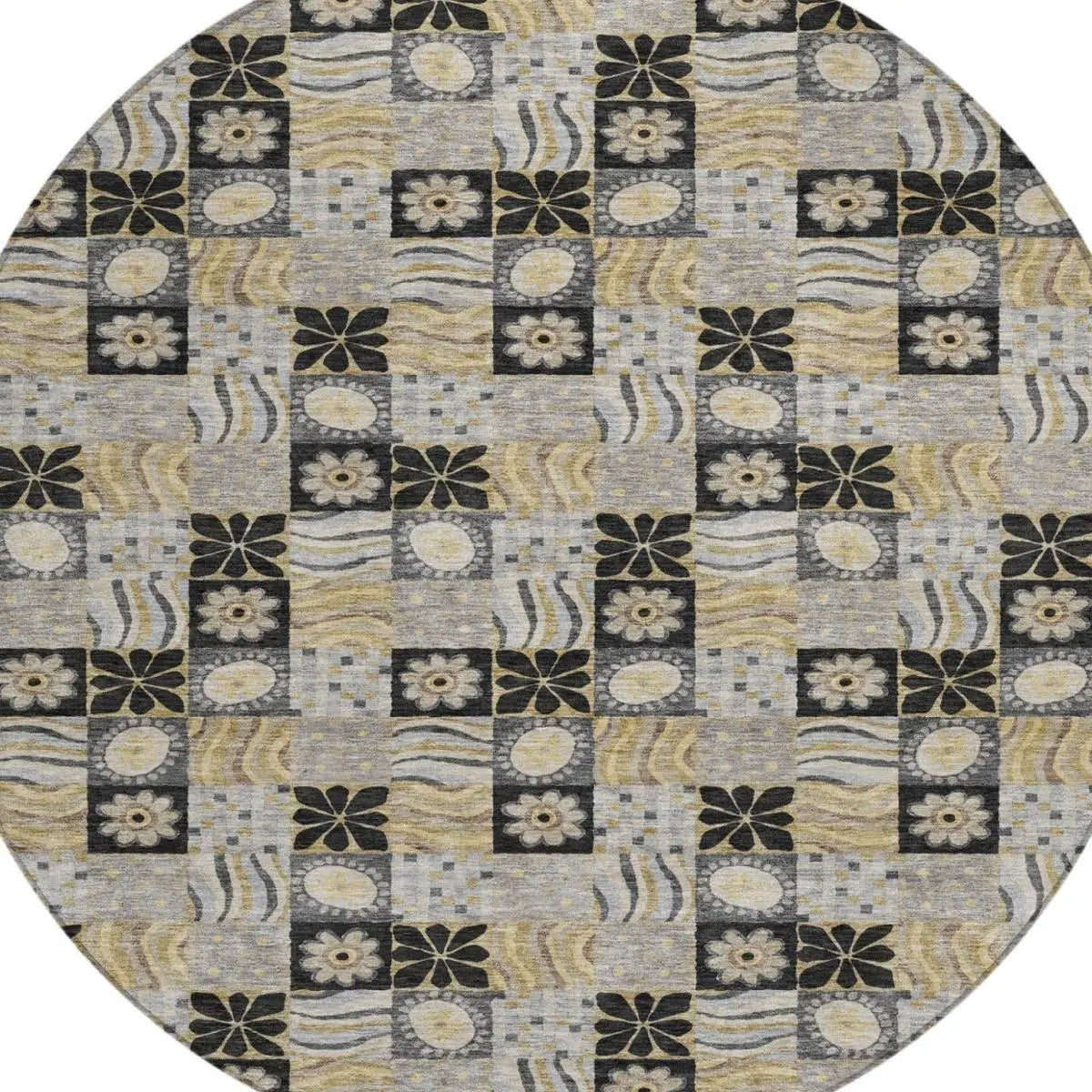 8' Black And Silver Round Floral Washable Indoor Outdoor Area Rug Homeroots Outdoor