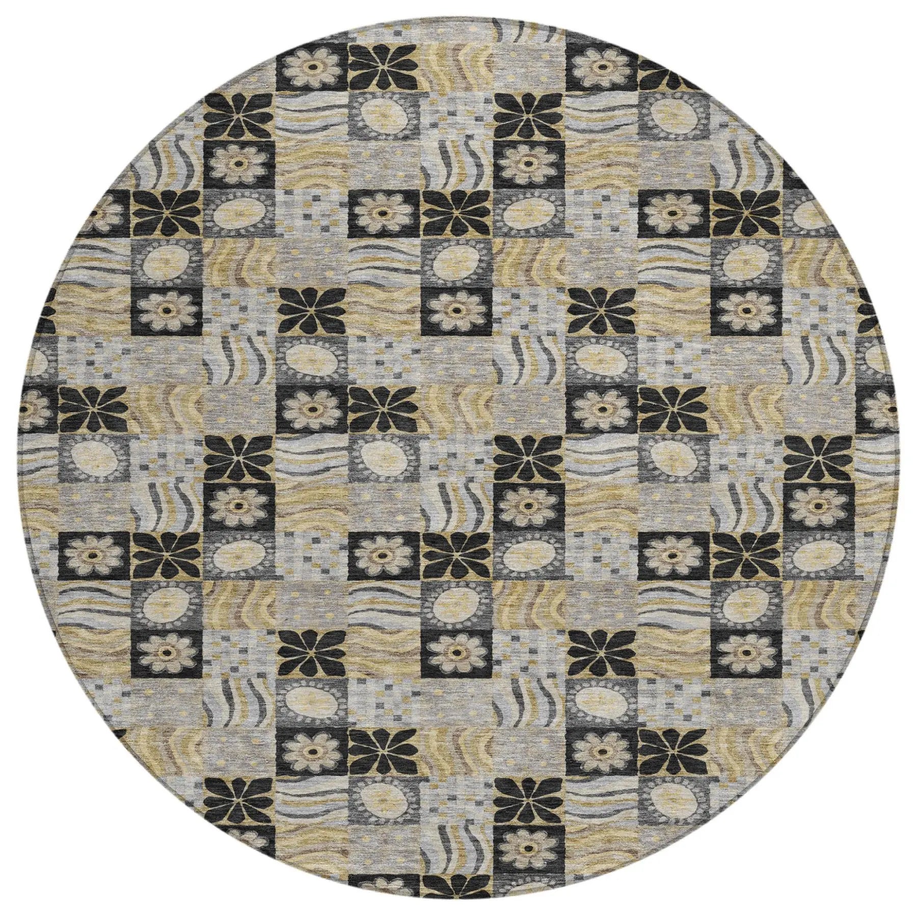 8' Black And Silver Round Floral Washable Indoor Outdoor Area Rug Homeroots Outdoor