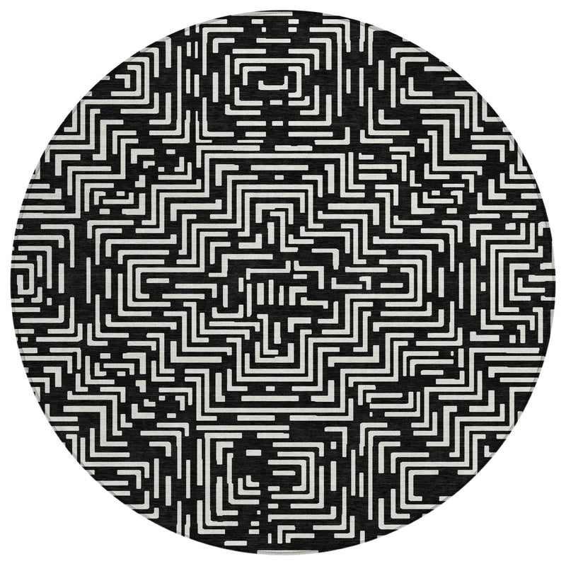 8' Black And Silver Round Geometric Washable Indoor Outdoor Area Rug Homeroots Outdoor