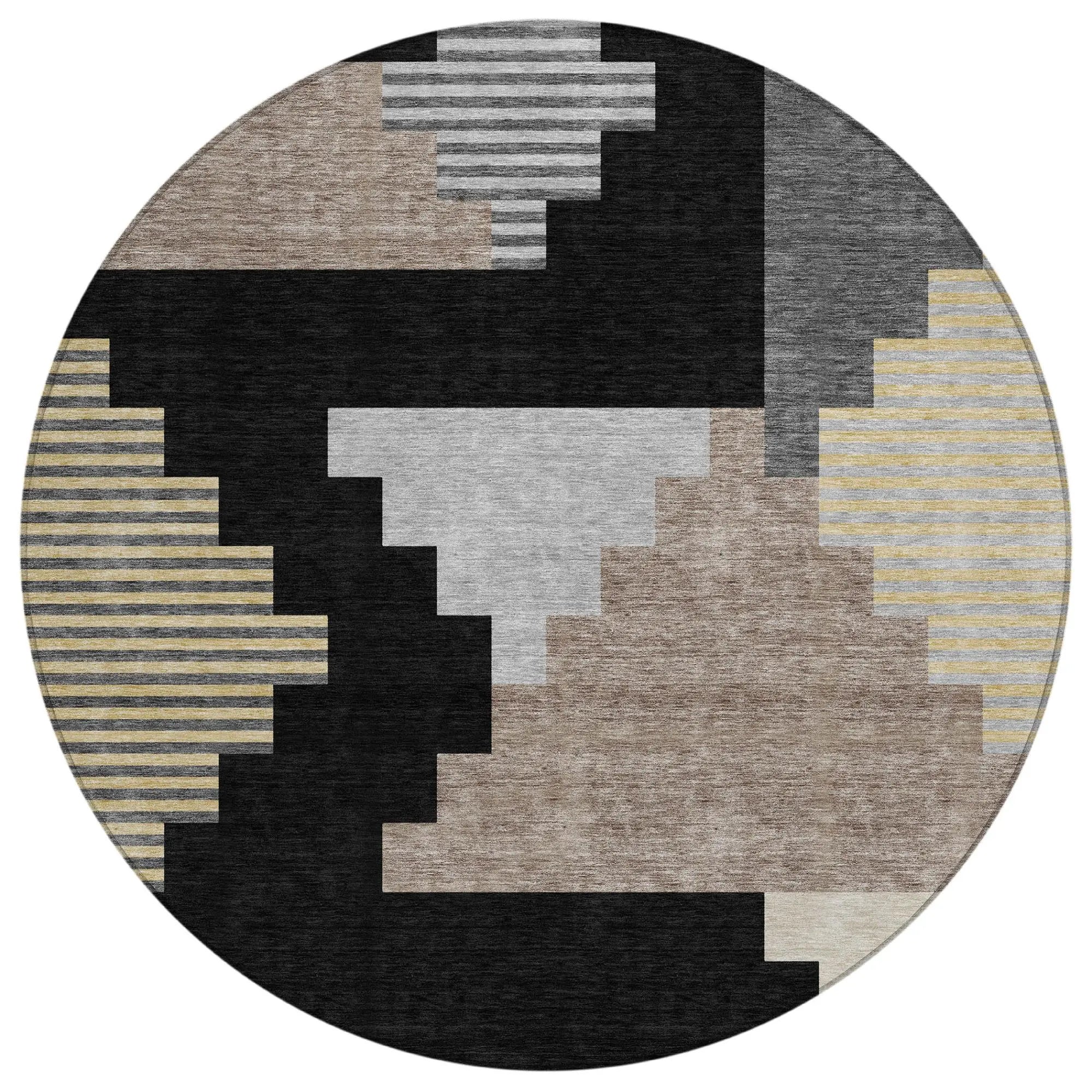 8' Black And Silver Round Geometric Washable Indoor Outdoor Area Rug Homeroots Outdoor