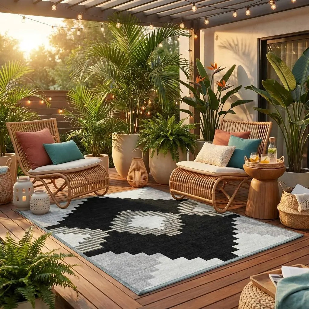 8' Black And Silver Round Geometric Washable Indoor Outdoor Area Rug Homeroots Outdoor