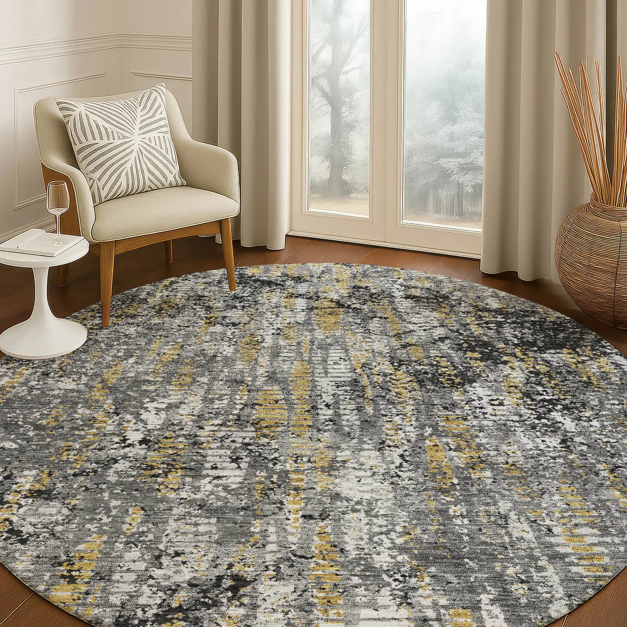 8' Black And Taupe Round Abstract Washable Indoor Outdoor Area Rug Homeroots Outdoor