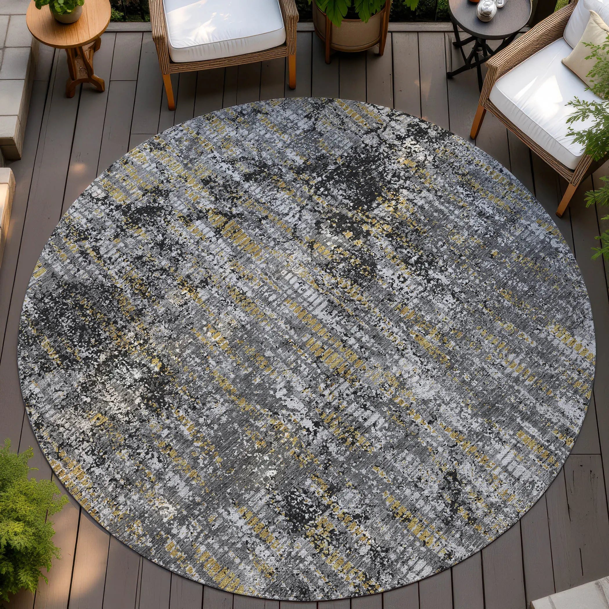 8' Black And Taupe Round Abstract Washable Indoor Outdoor Area Rug Homeroots Outdoor
