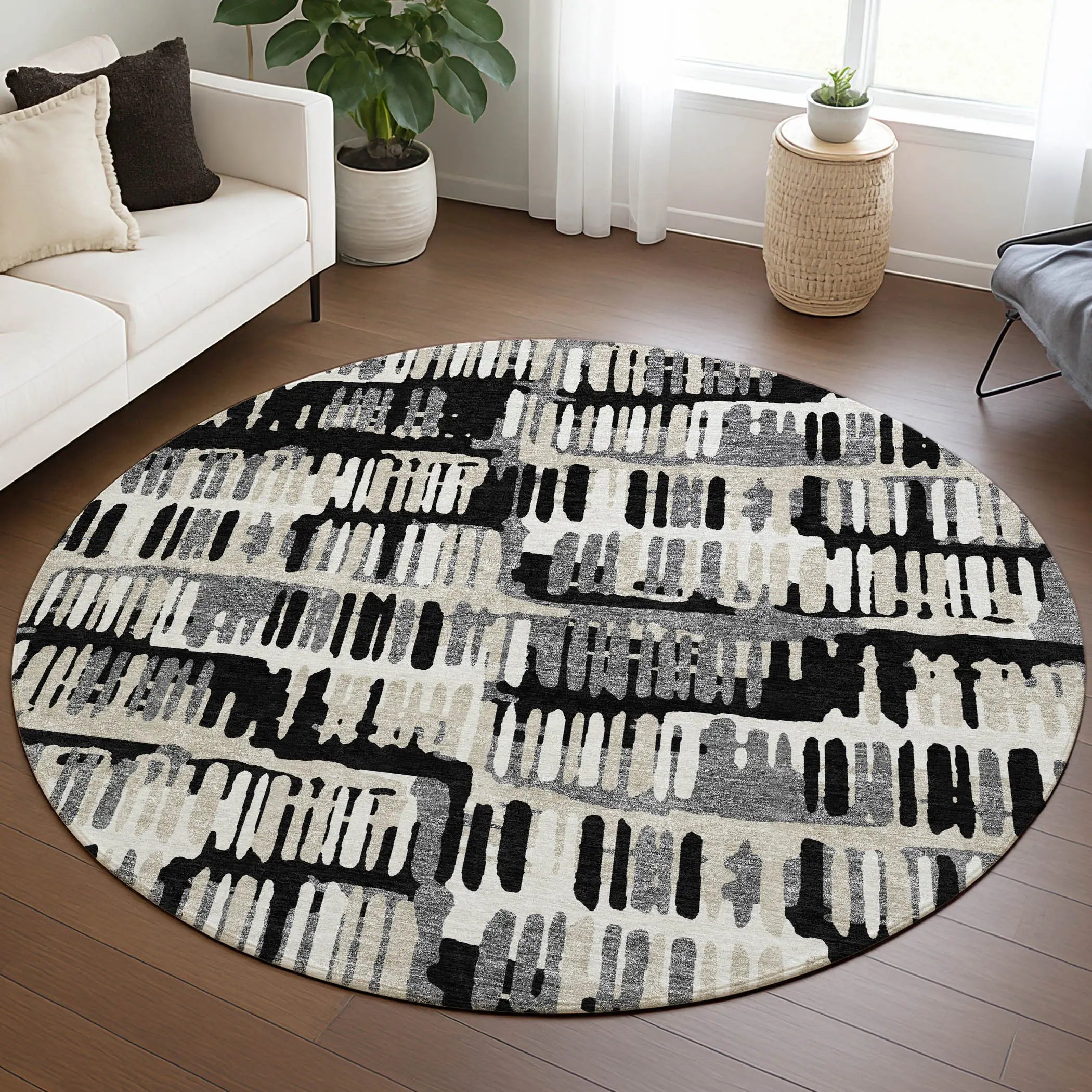 8' Black And Taupe Round Abstract Washable Indoor Outdoor Area Rug Homeroots Outdoor