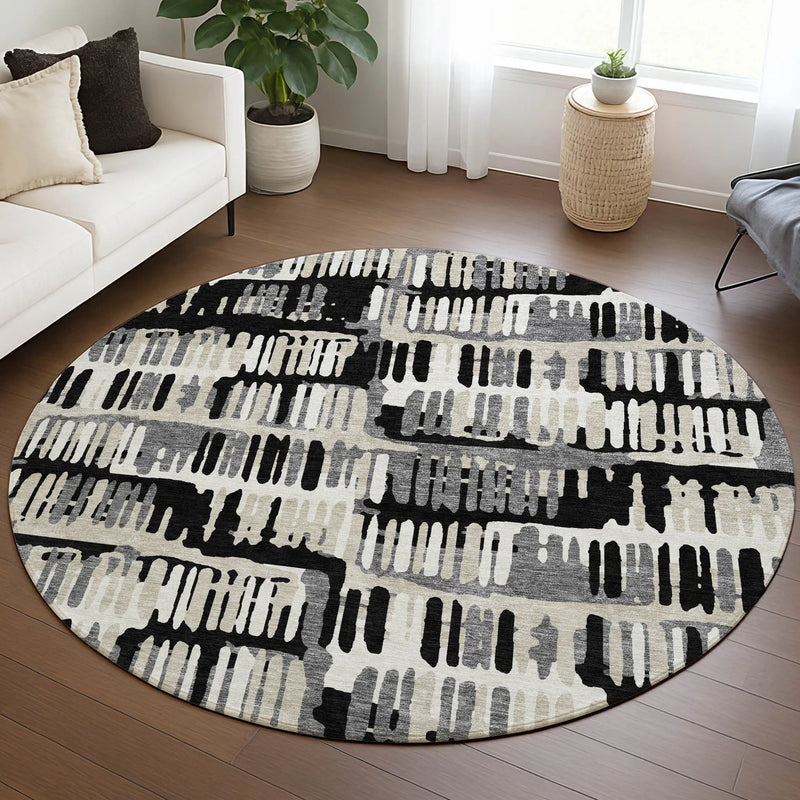 8' Black And Taupe Round Abstract Washable Indoor Outdoor Area Rug Homeroots Outdoor