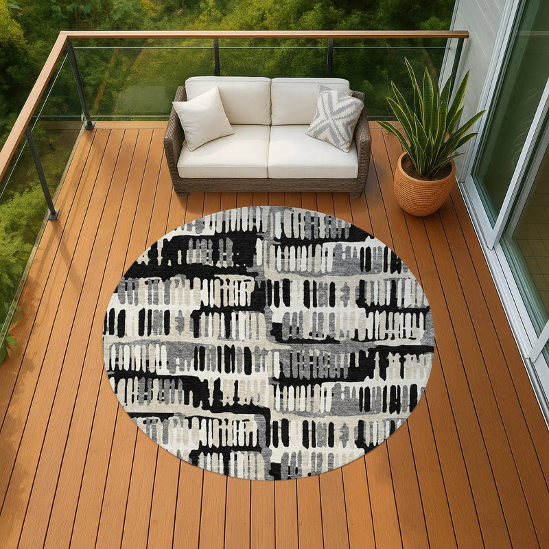8' Black And Taupe Round Abstract Washable Indoor Outdoor Area Rug Homeroots Outdoor