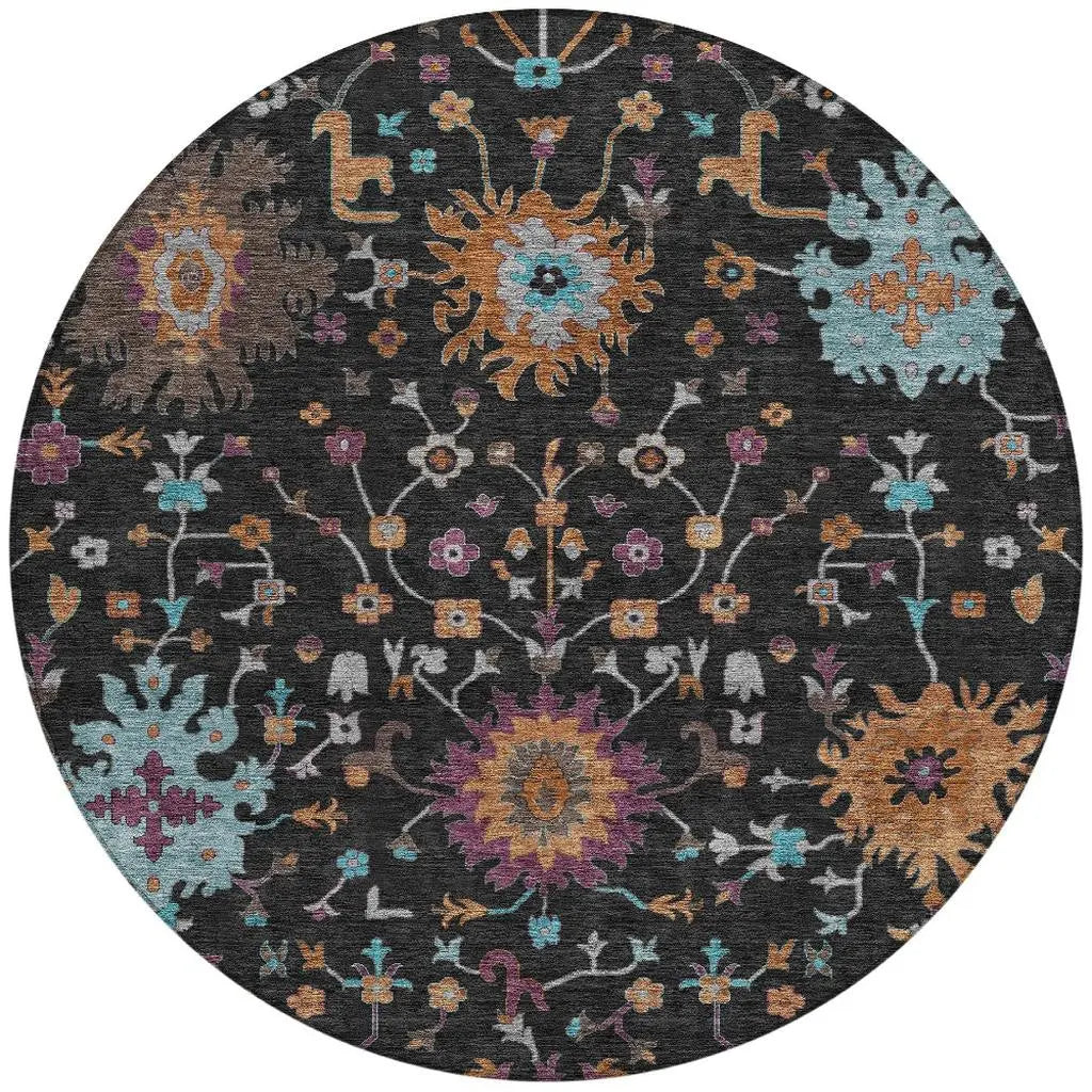 8' Black And Teal Blue Round Faux Bois Washable Indoor Outdoor Area Rug Homeroots Outdoor