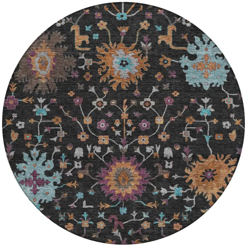 8' Black And Teal Blue Round Faux Bois Washable Indoor Outdoor Area Rug Homeroots Outdoor