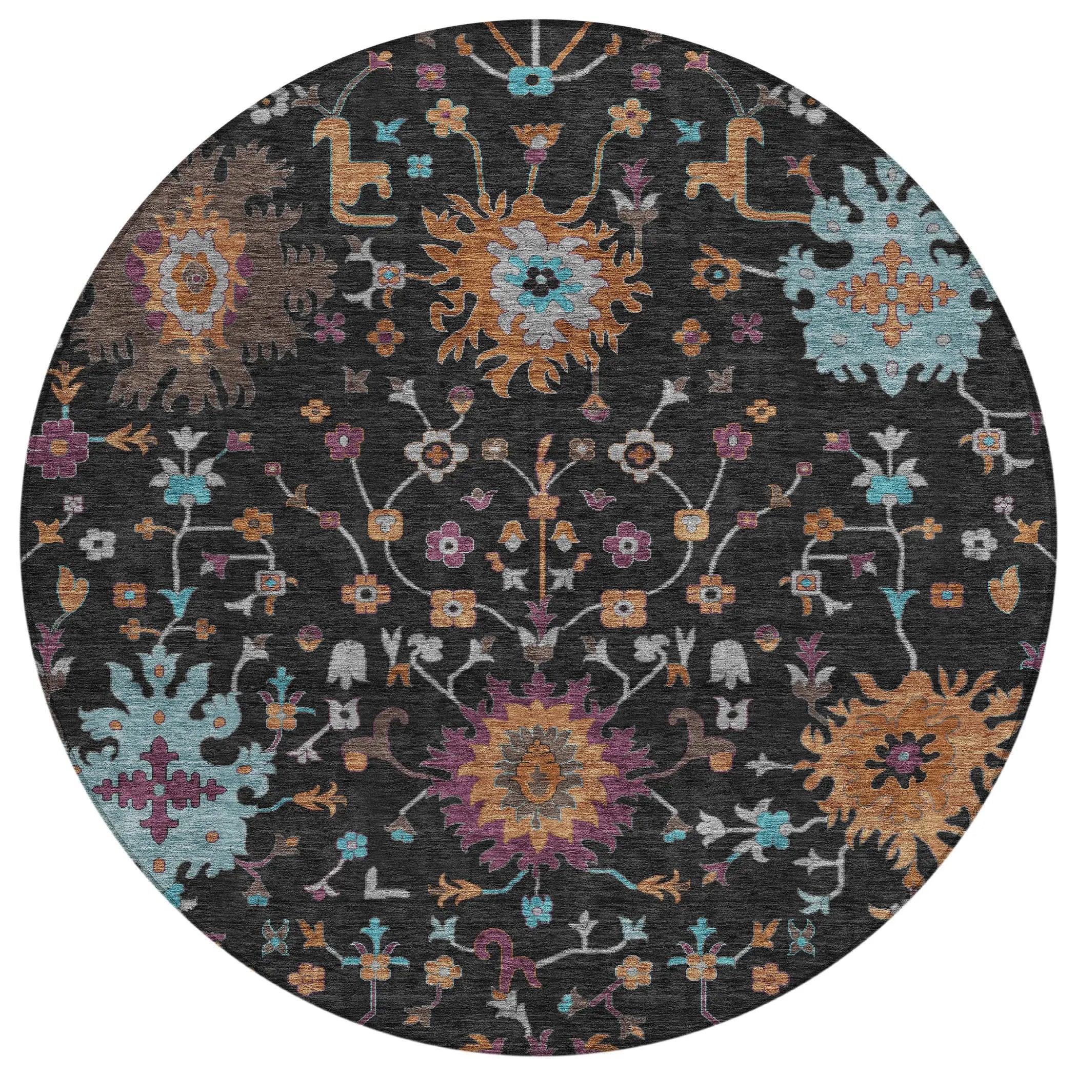 8' Black And Teal Blue Round Faux Bois Washable Indoor Outdoor Area Rug Homeroots Outdoor