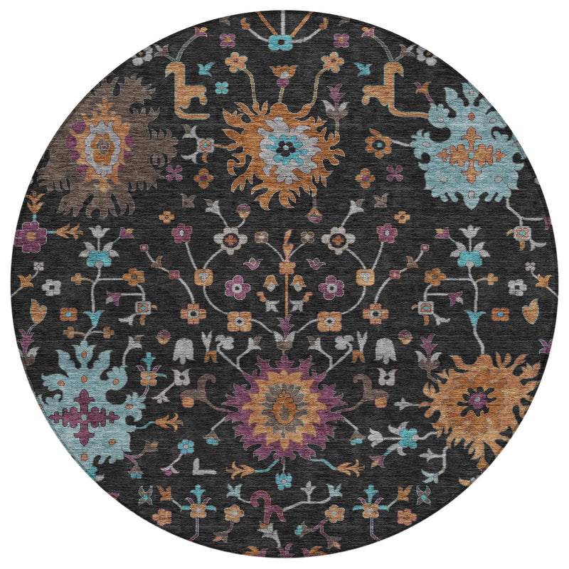 8' Black And Teal Blue Round Faux Bois Washable Indoor Outdoor Area Rug Homeroots Outdoor