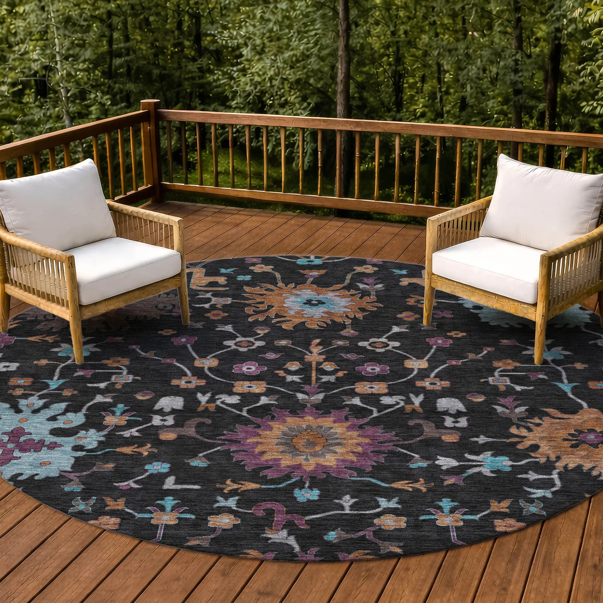 8' Black And Teal Blue Round Faux Bois Washable Indoor Outdoor Area Rug Homeroots Outdoor