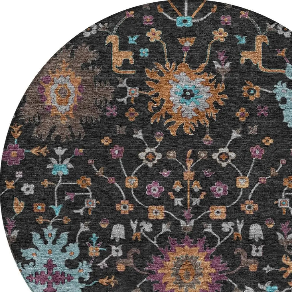 8' Black And Teal Blue Round Faux Bois Washable Indoor Outdoor Area Rug Homeroots Outdoor