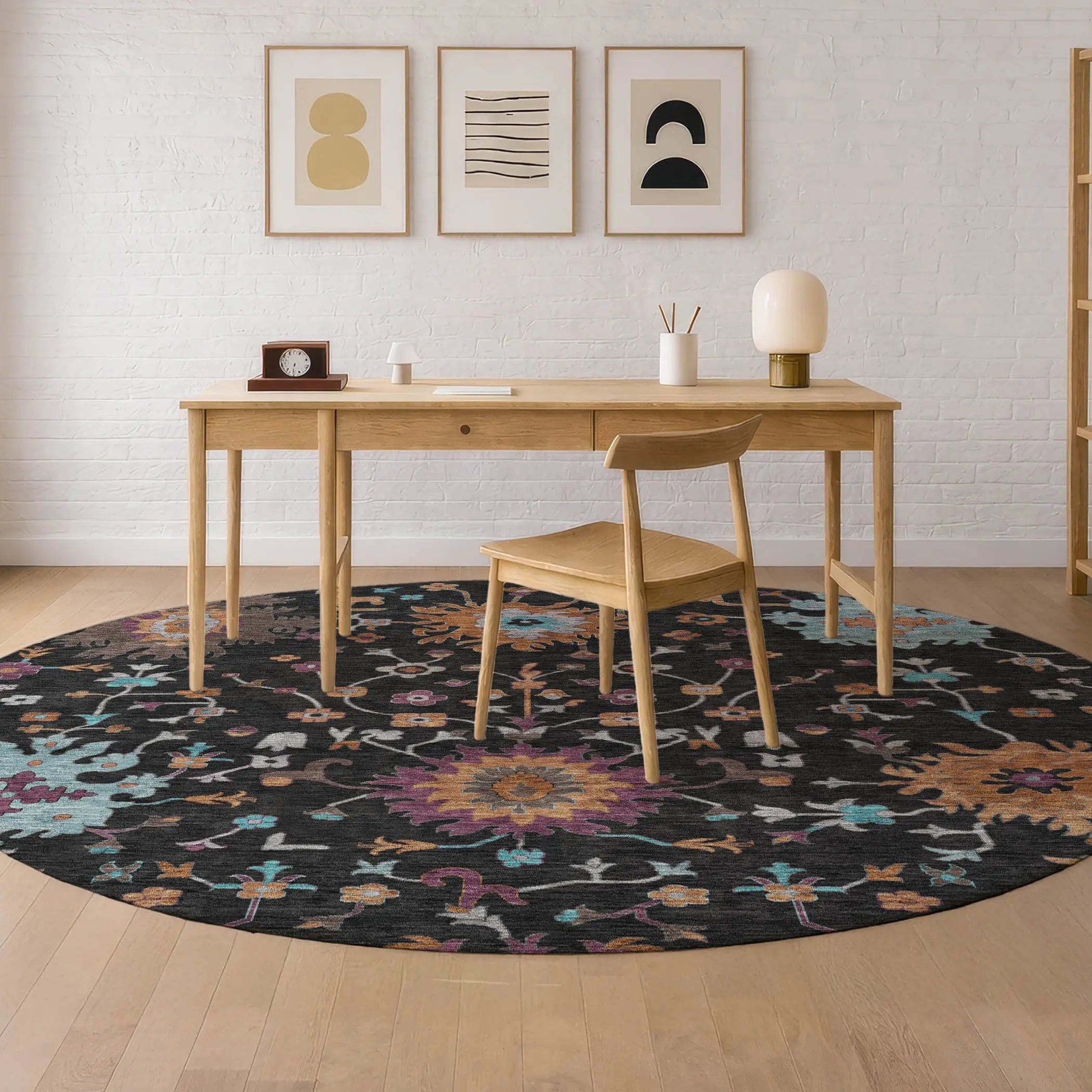 8' Black And Teal Blue Round Faux Bois Washable Indoor Outdoor Area Rug Homeroots Outdoor