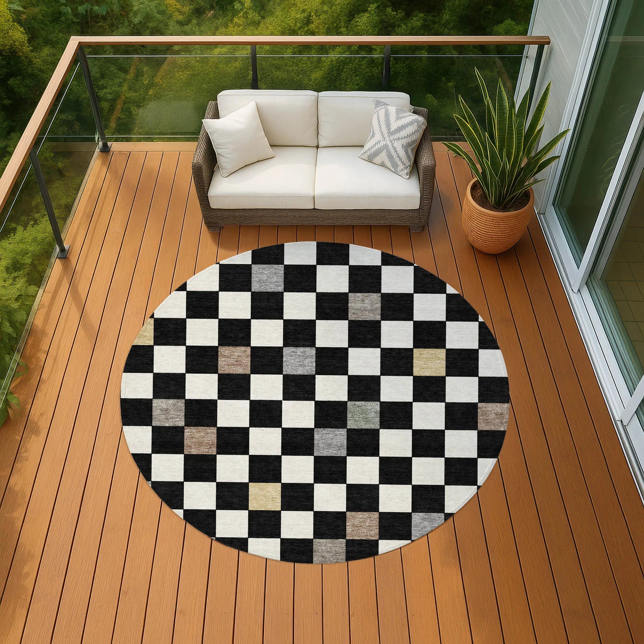 8' Black And Yellow Round Geometric Washable Indoor Outdoor Area Rug Homeroots Outdoor