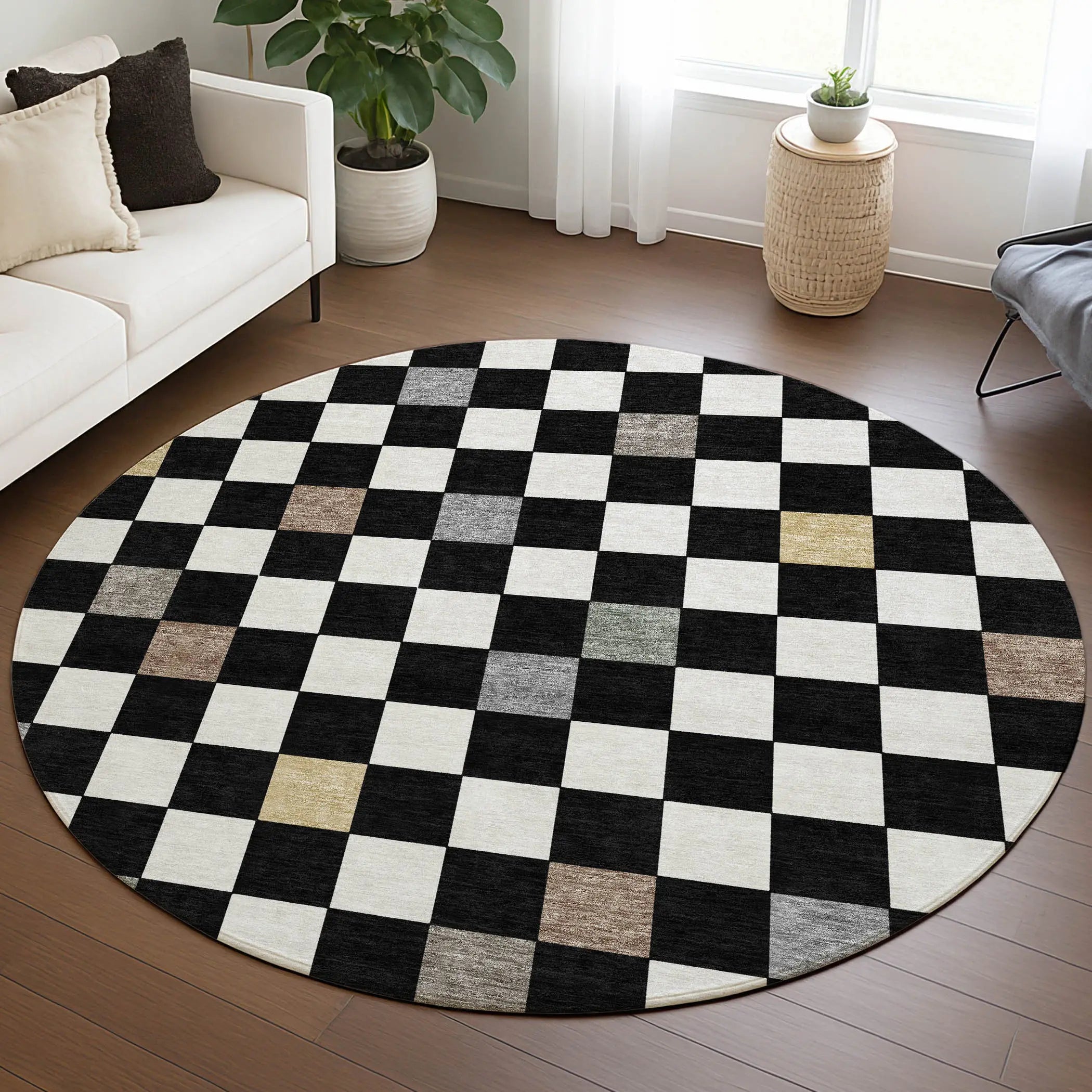 8' Black And Yellow Round Geometric Washable Indoor Outdoor Area Rug Homeroots Outdoor