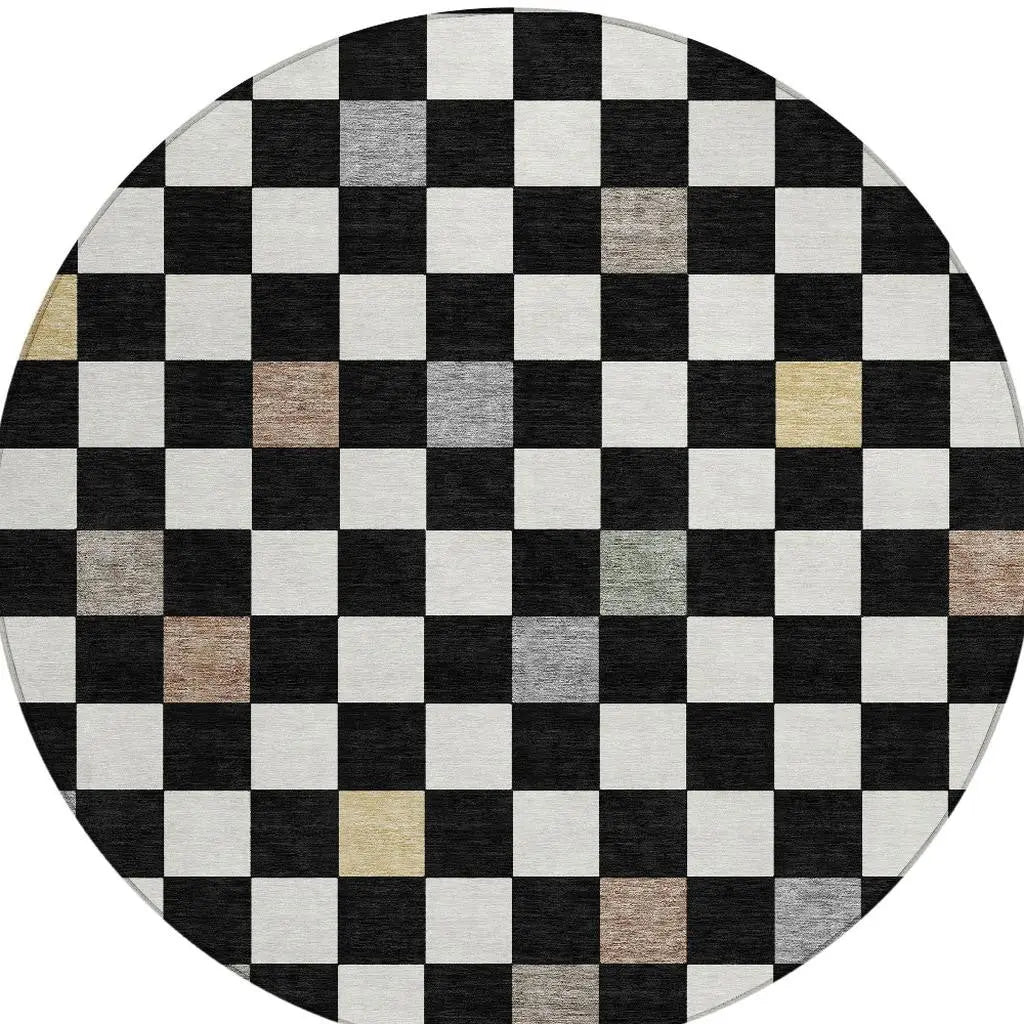 8' Black And Yellow Round Geometric Washable Indoor Outdoor Area Rug Homeroots Outdoor