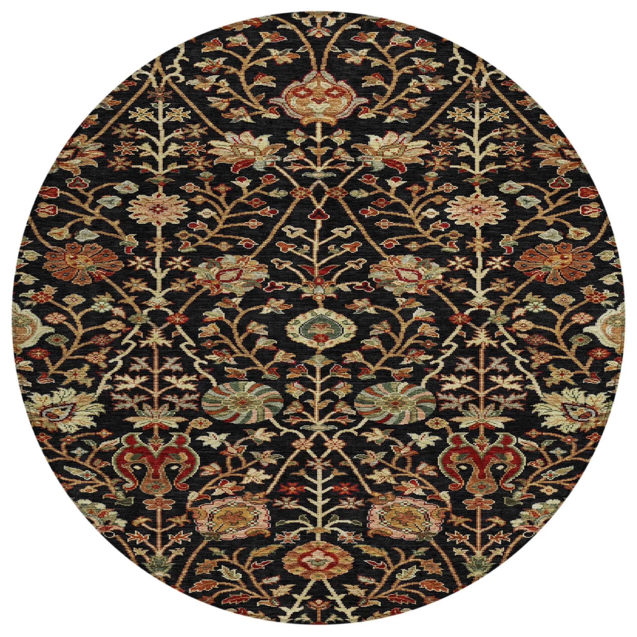 8' Black Brown And Red Round Floral Washable Indoor Outdoor Area Rug Homeroots Outdoor