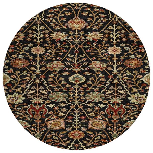 8' Black Brown And Red Round Floral Washable Indoor Outdoor Area Rug Homeroots Outdoor