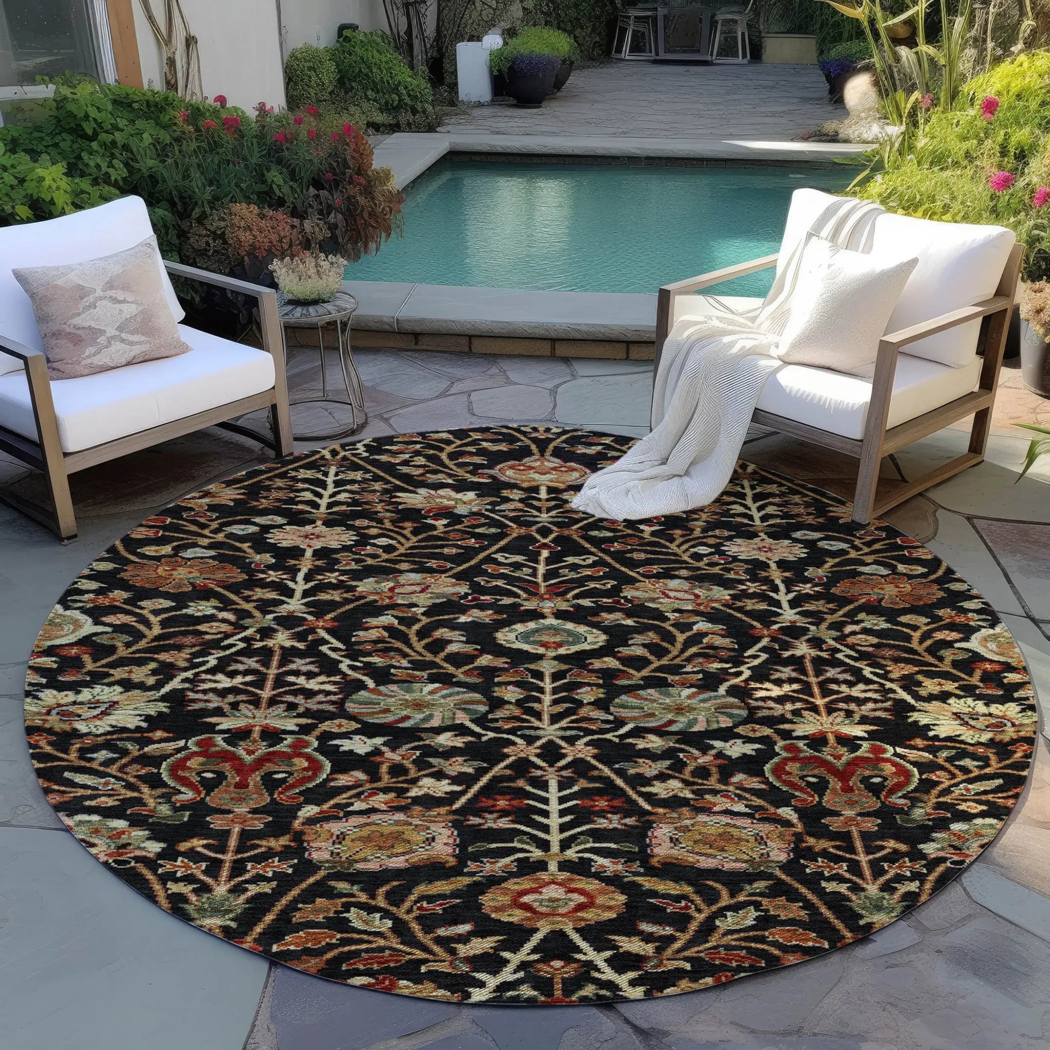 8' Black Brown And Red Round Floral Washable Indoor Outdoor Area Rug Homeroots Outdoor