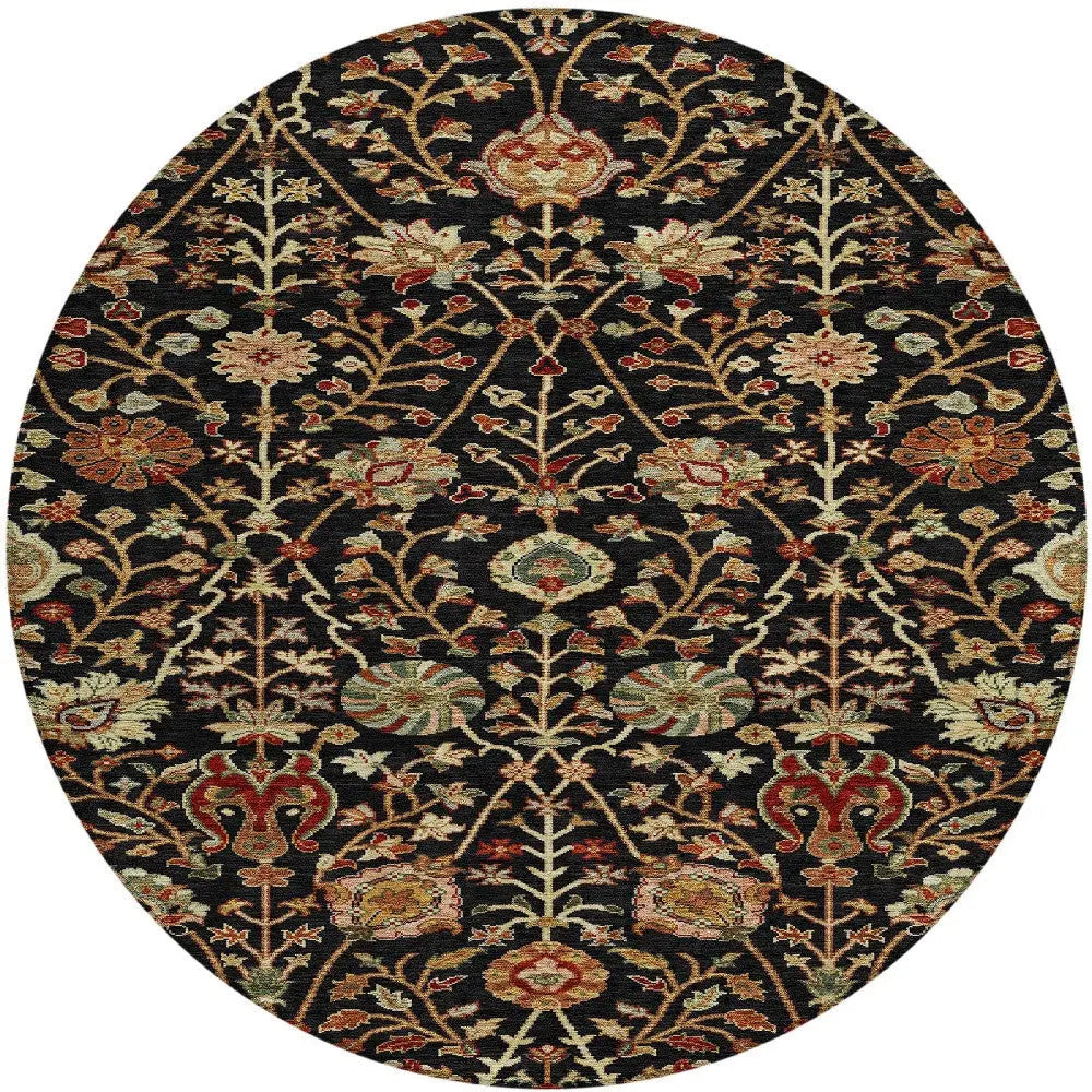8' Black Brown And Red Round Floral Washable Indoor Outdoor Area Rug Homeroots Outdoor