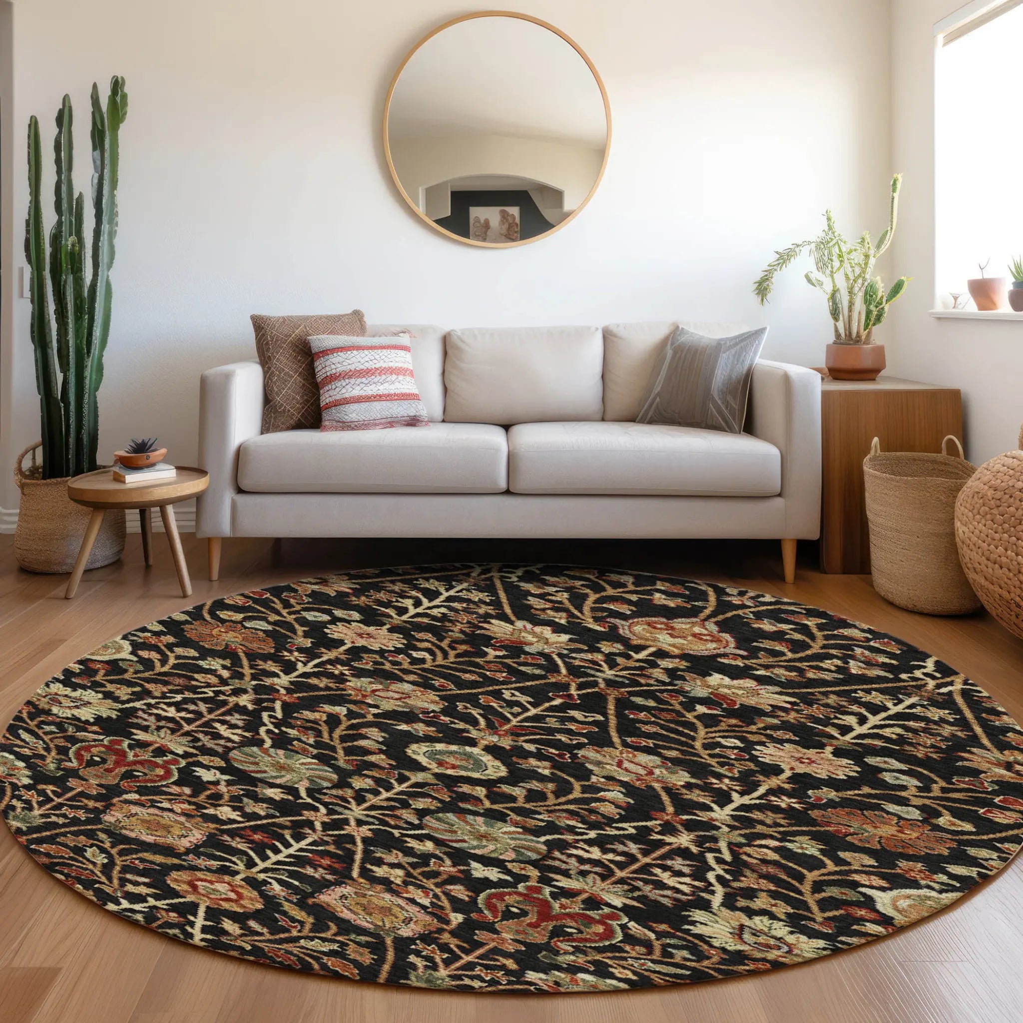 8' Black Brown And Red Round Floral Washable Indoor Outdoor Area Rug Homeroots Outdoor