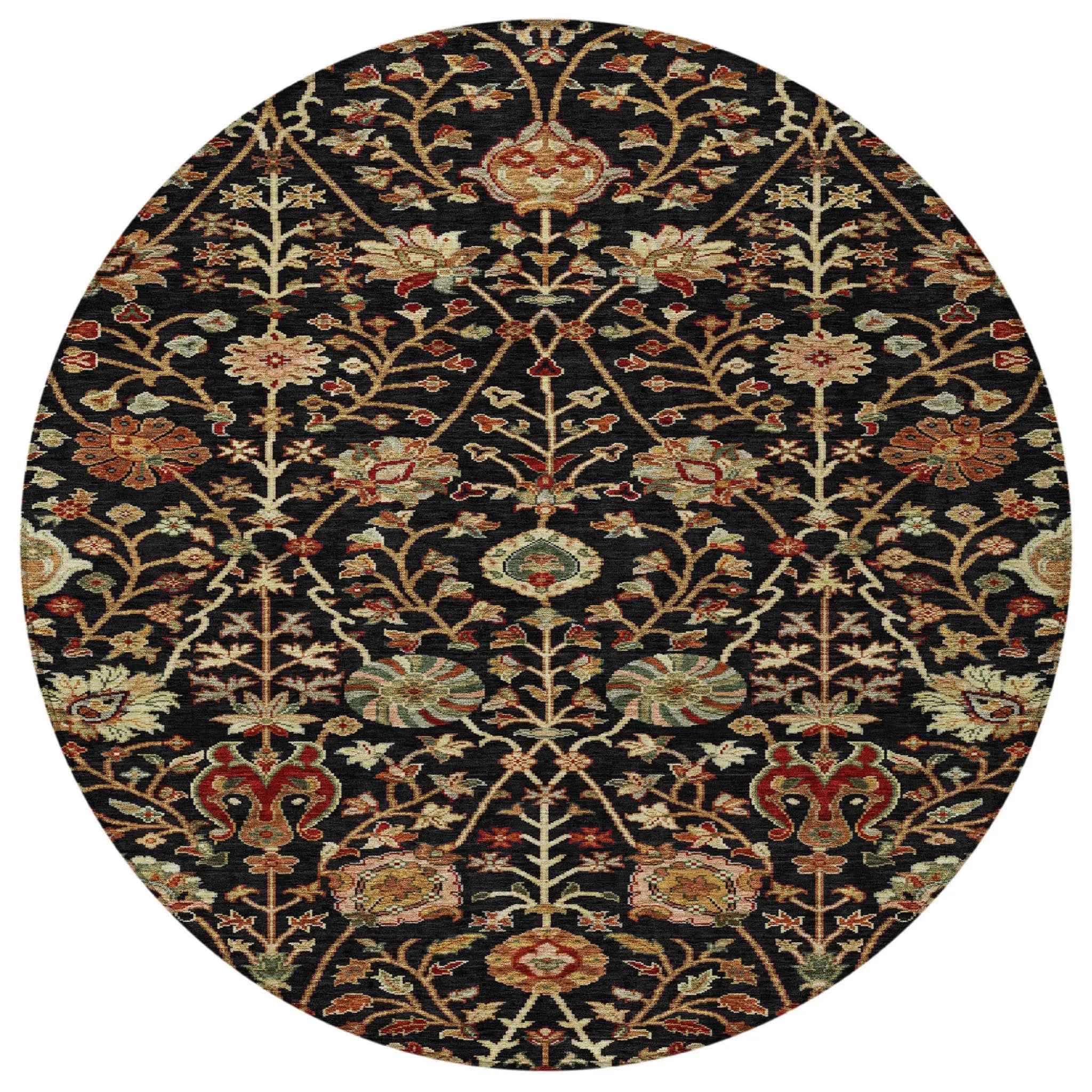 8' Black Brown And Red Round Floral Washable Indoor Outdoor Area Rug Homeroots Outdoor
