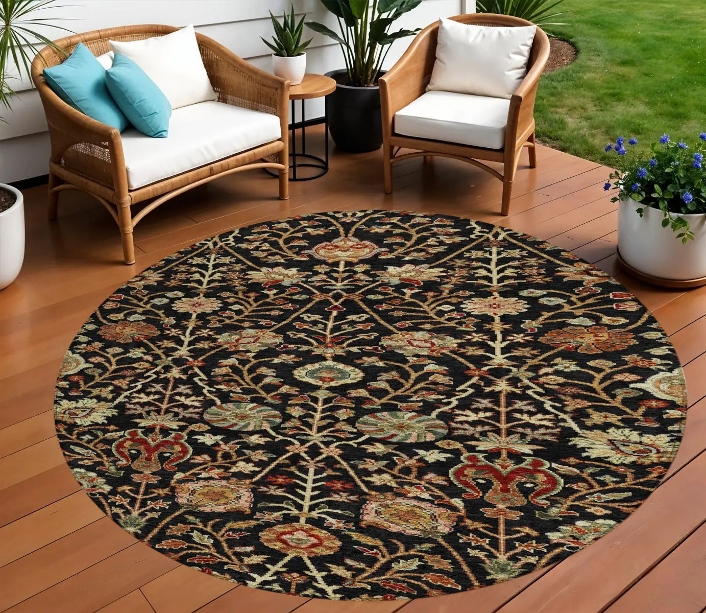 8' Black Brown And Red Round Floral Washable Indoor Outdoor Area Rug Homeroots Outdoor