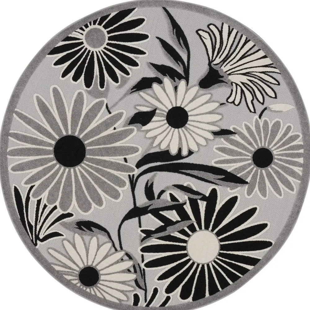 8' Black and White Round Floral Indoor Outdoor Area Rug Homeroots Outdoor