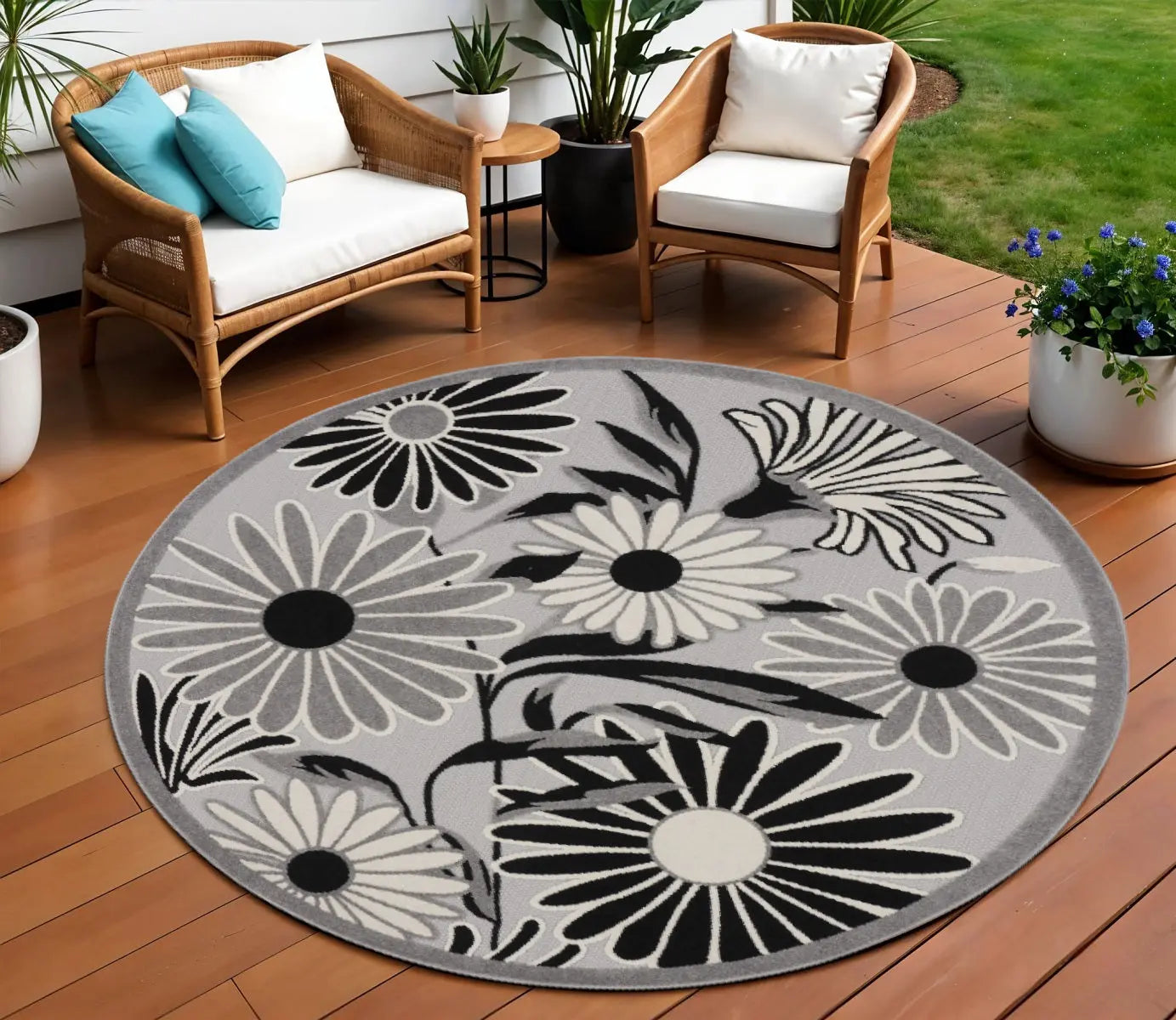 8' Black and White Round Floral Indoor Outdoor Area Rug Homeroots Outdoor