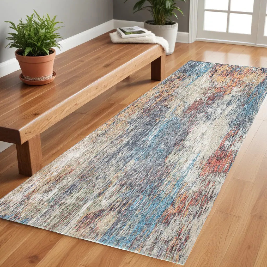 8' Blue And Beige Abstract Runner Rug Homeroots Home Decor