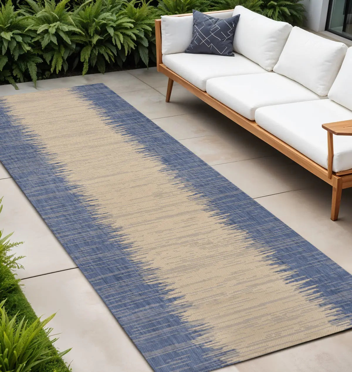 8' Blue And Beige Striped Indoor Outdoor Runner Rug Homeroots Outdoor