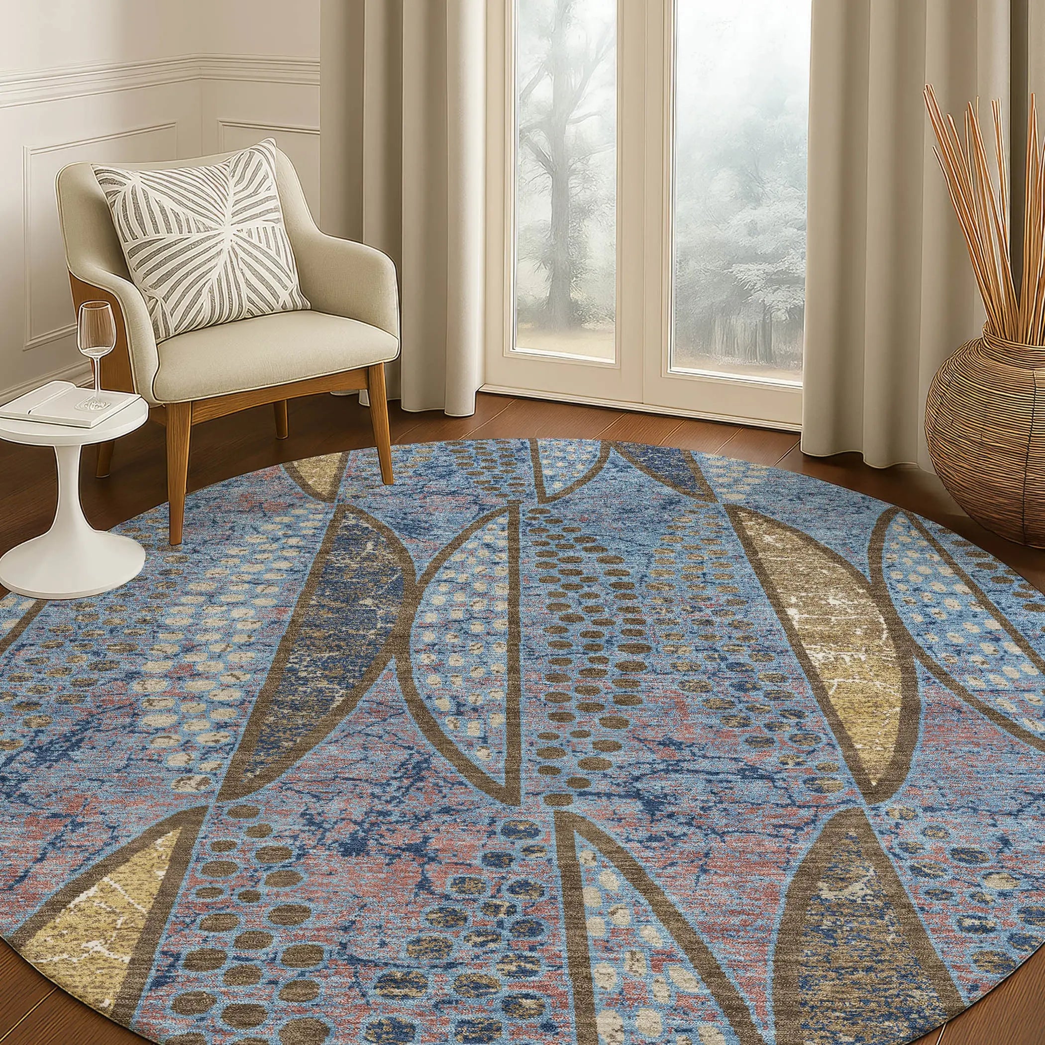 8' Blue And Brown Round Geometric Washable Indoor Outdoor Area Rug Homeroots Outdoor