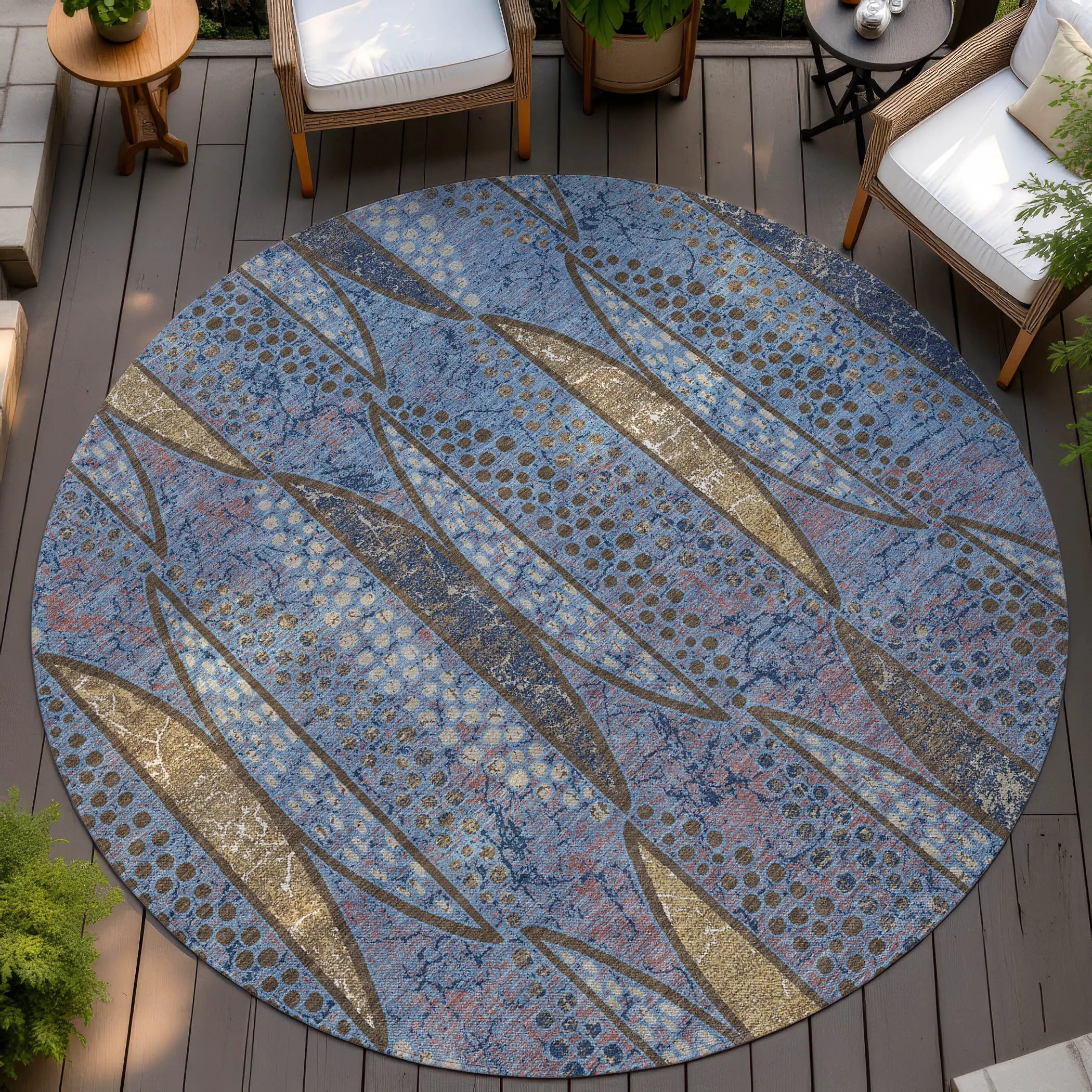 8' Blue And Brown Round Geometric Washable Indoor Outdoor Area Rug Homeroots Outdoor