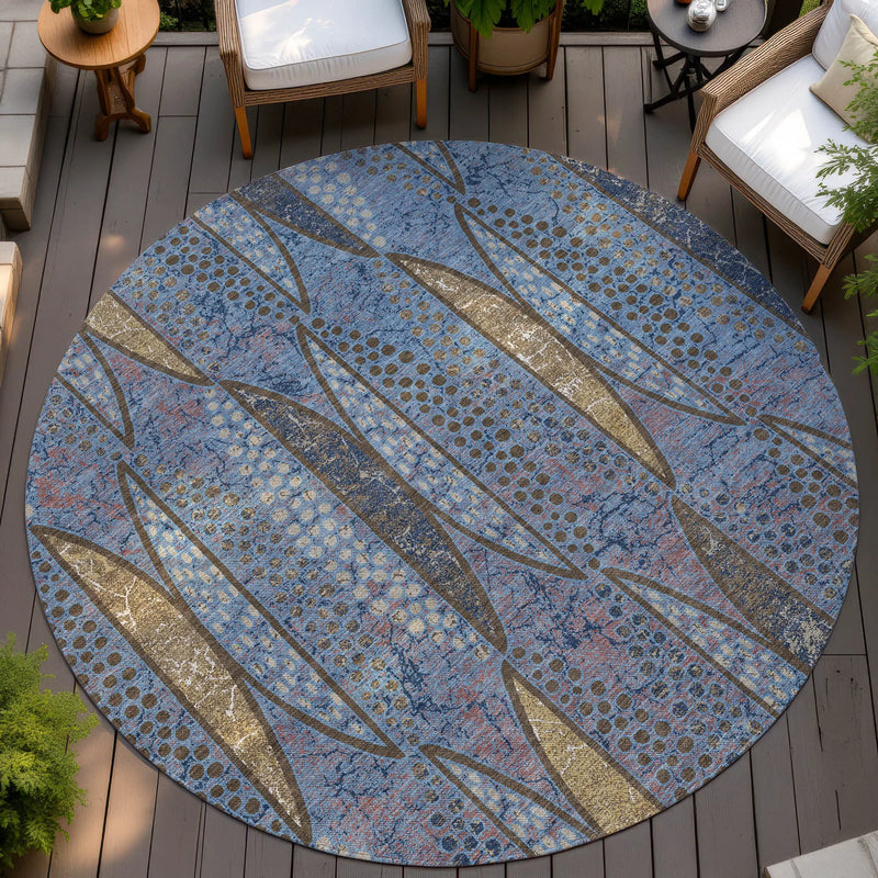 8' Blue And Brown Round Geometric Washable Indoor Outdoor Area Rug Homeroots Outdoor