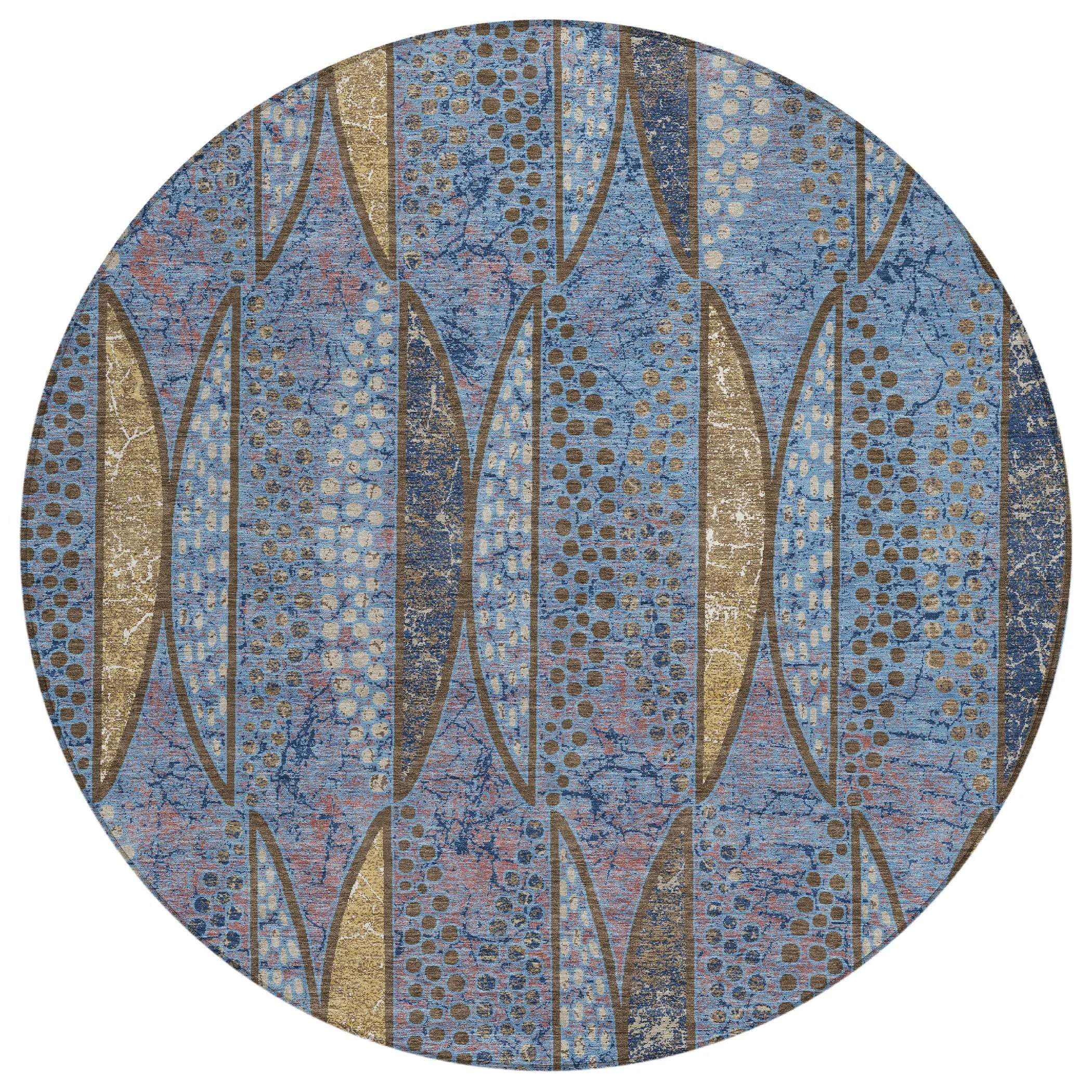 8' Blue And Brown Round Geometric Washable Indoor Outdoor Area Rug Homeroots Outdoor