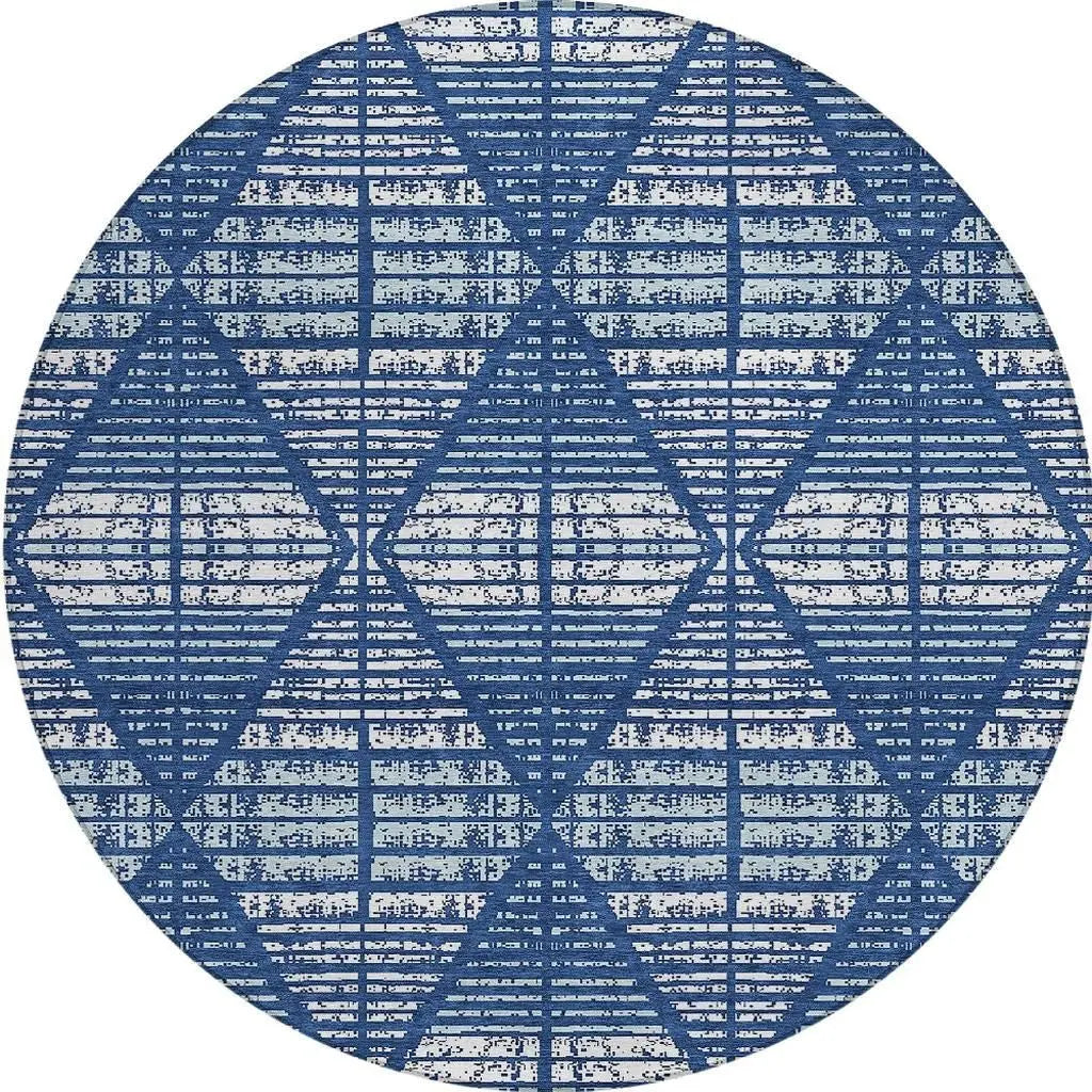 8' Blue And Charcoal Round Geometric Washable Indoor Outdoor Area Rug Homeroots Outdoor